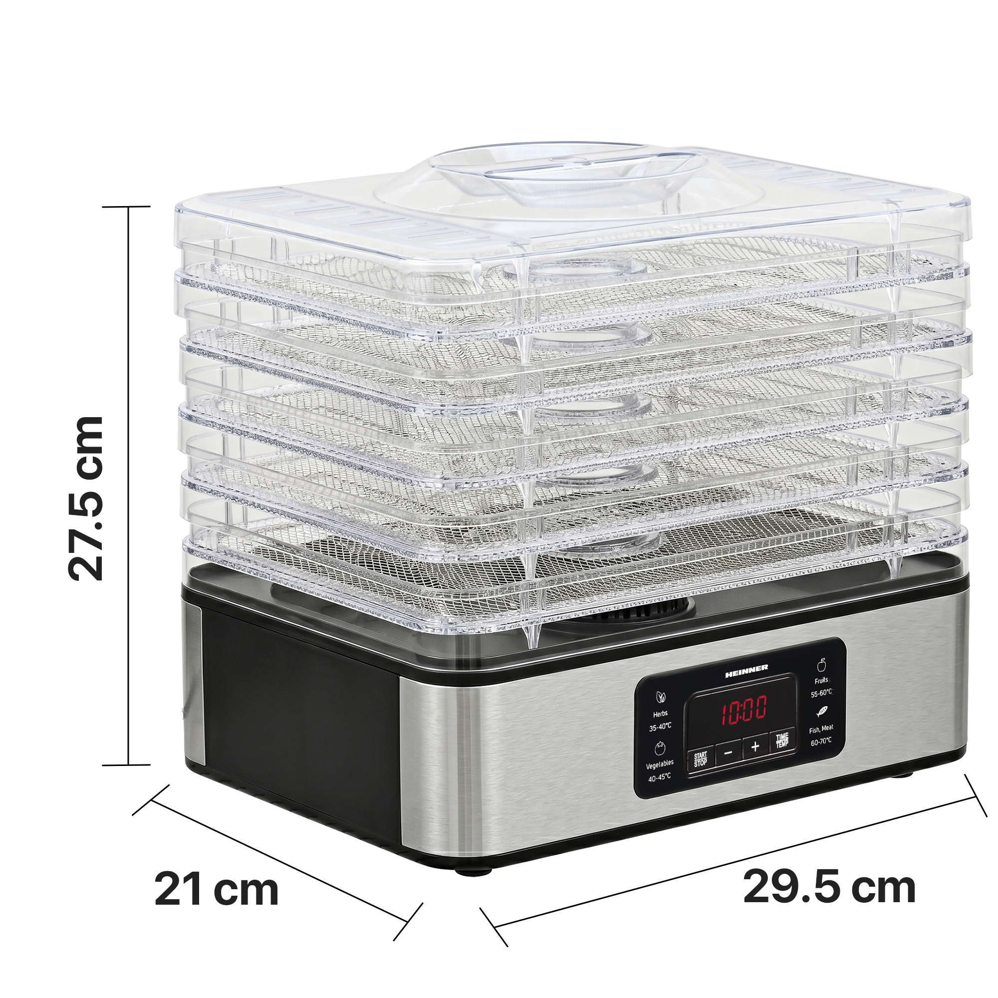 Un déshydrateur alimentaire à plusieurs niveaux avec couvercle et plateaux transparents. Affichage numérique.