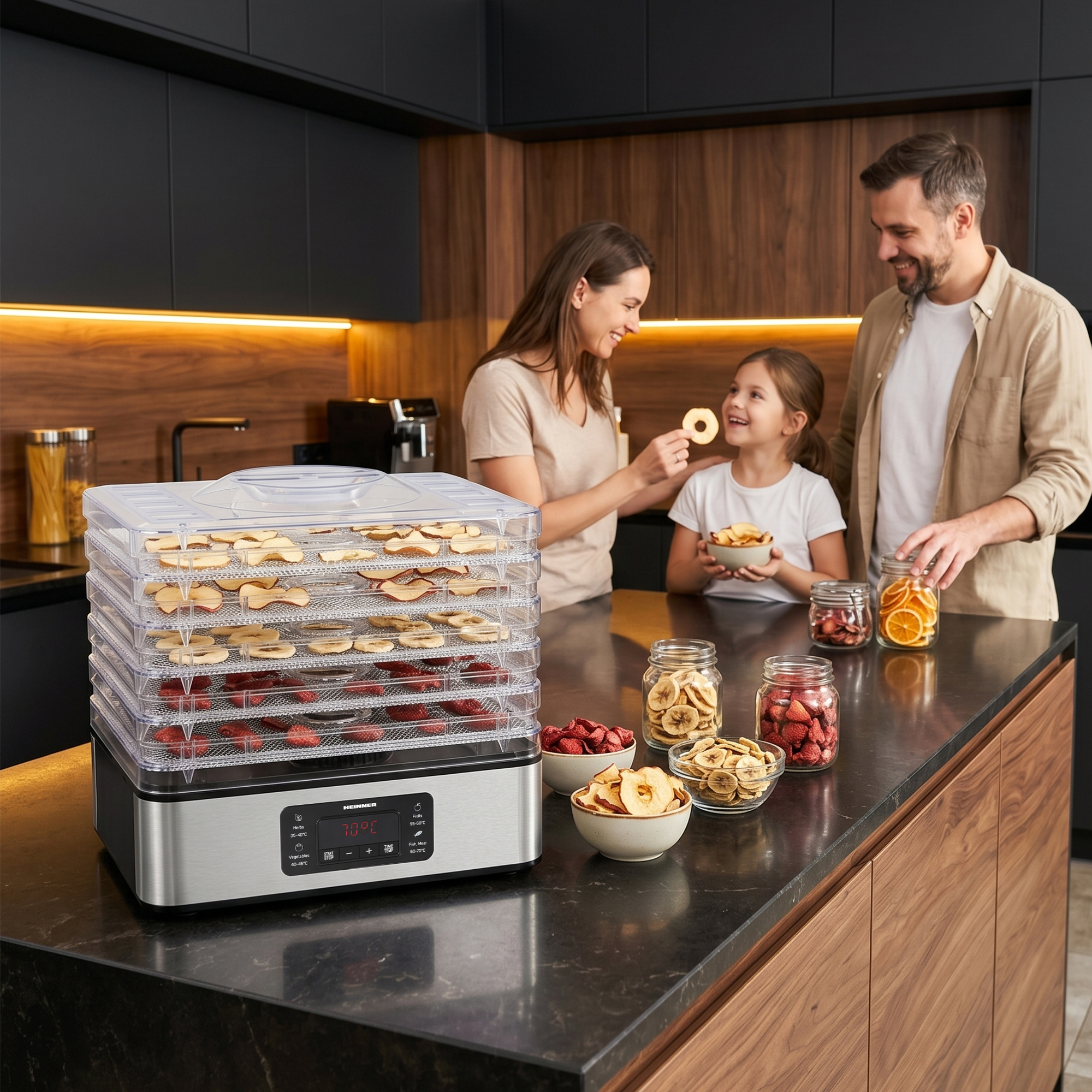 Famille avec un déshydrateur alimentaire et des fruits secs dans une cuisine.