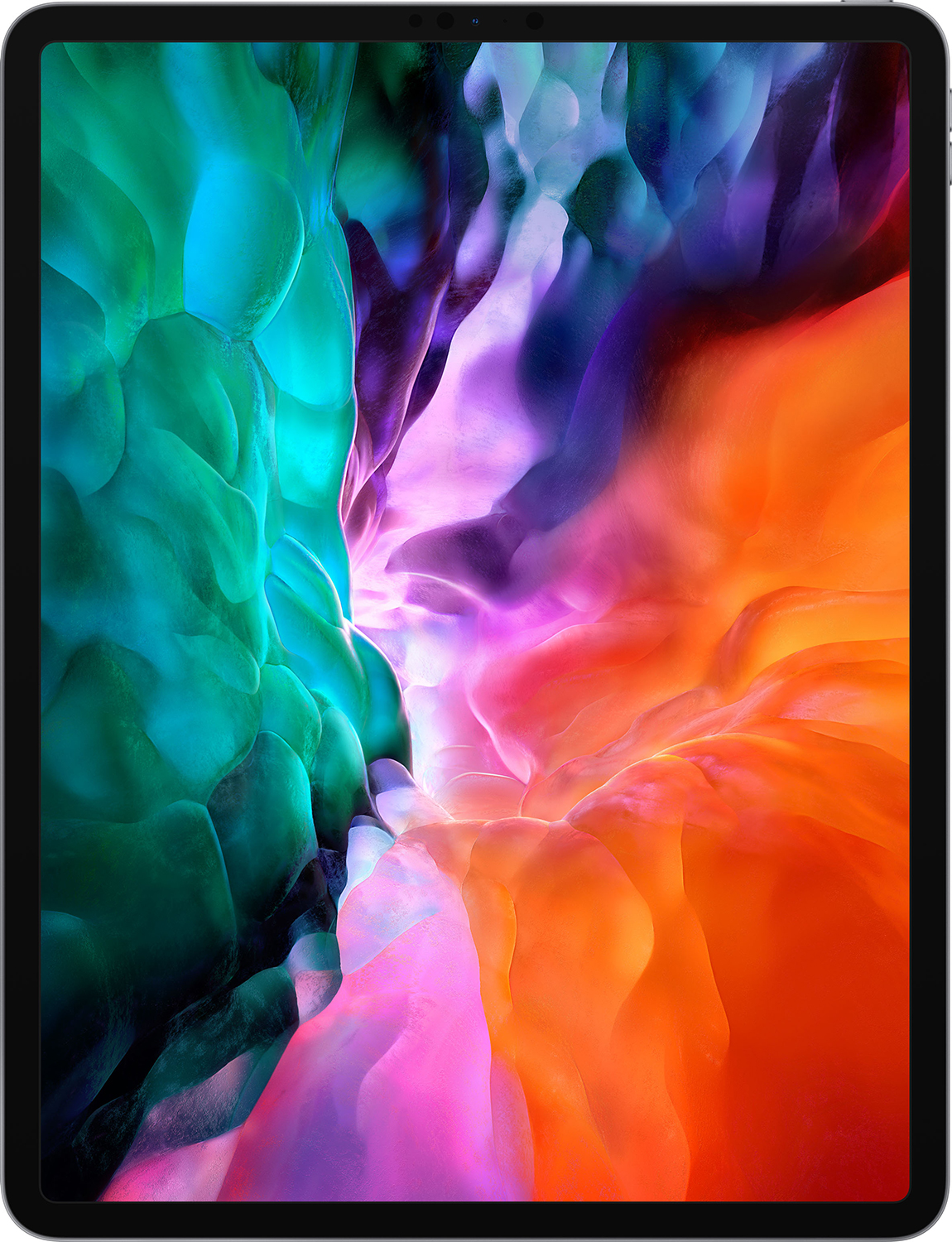 Abstract patroon in blauwe, groene, paarse en oranje tinten op een tabletscherm.