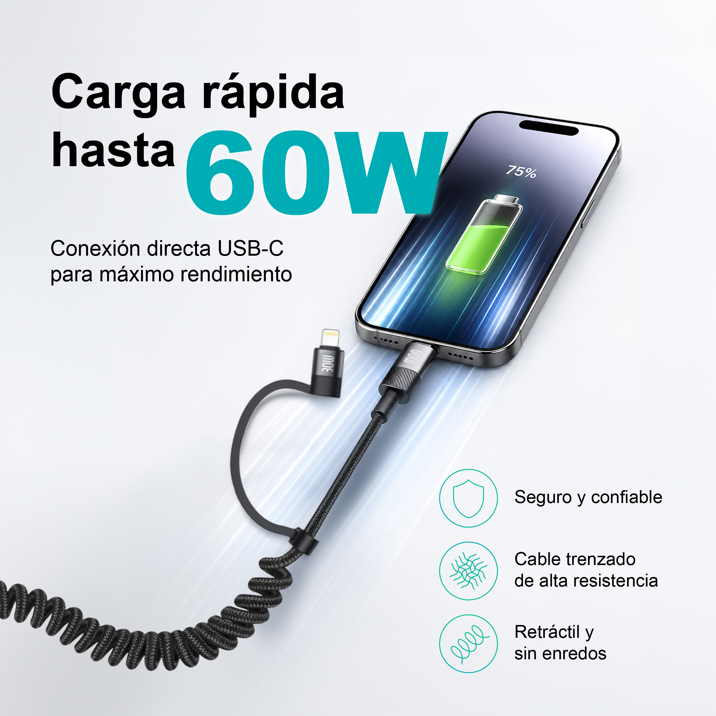 Uno smartphone si ricarica rapidamente con un cavo USB-C da 60W. Il cavo è intrecciato e retrattile.