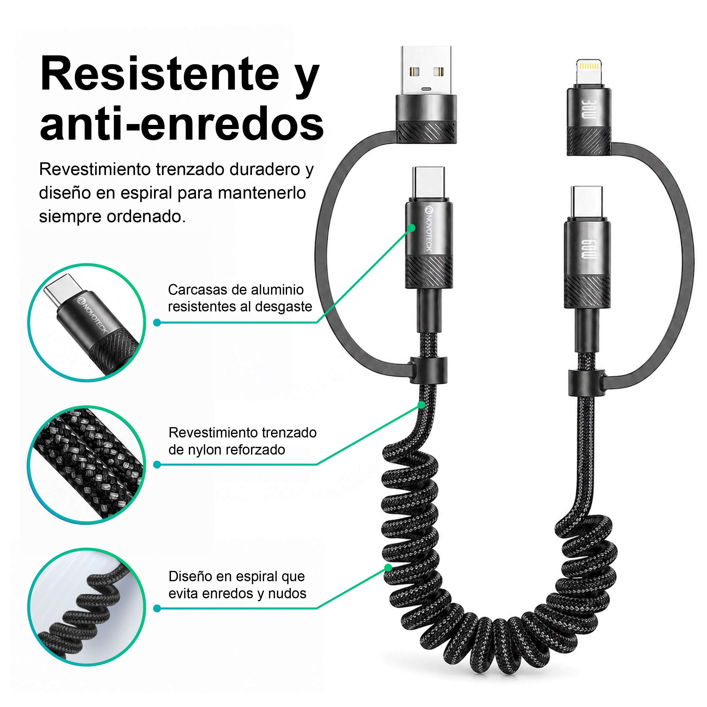 Un cavo di ricarica nero con connettori USB-A, Lightning e USB-C, a spirale.