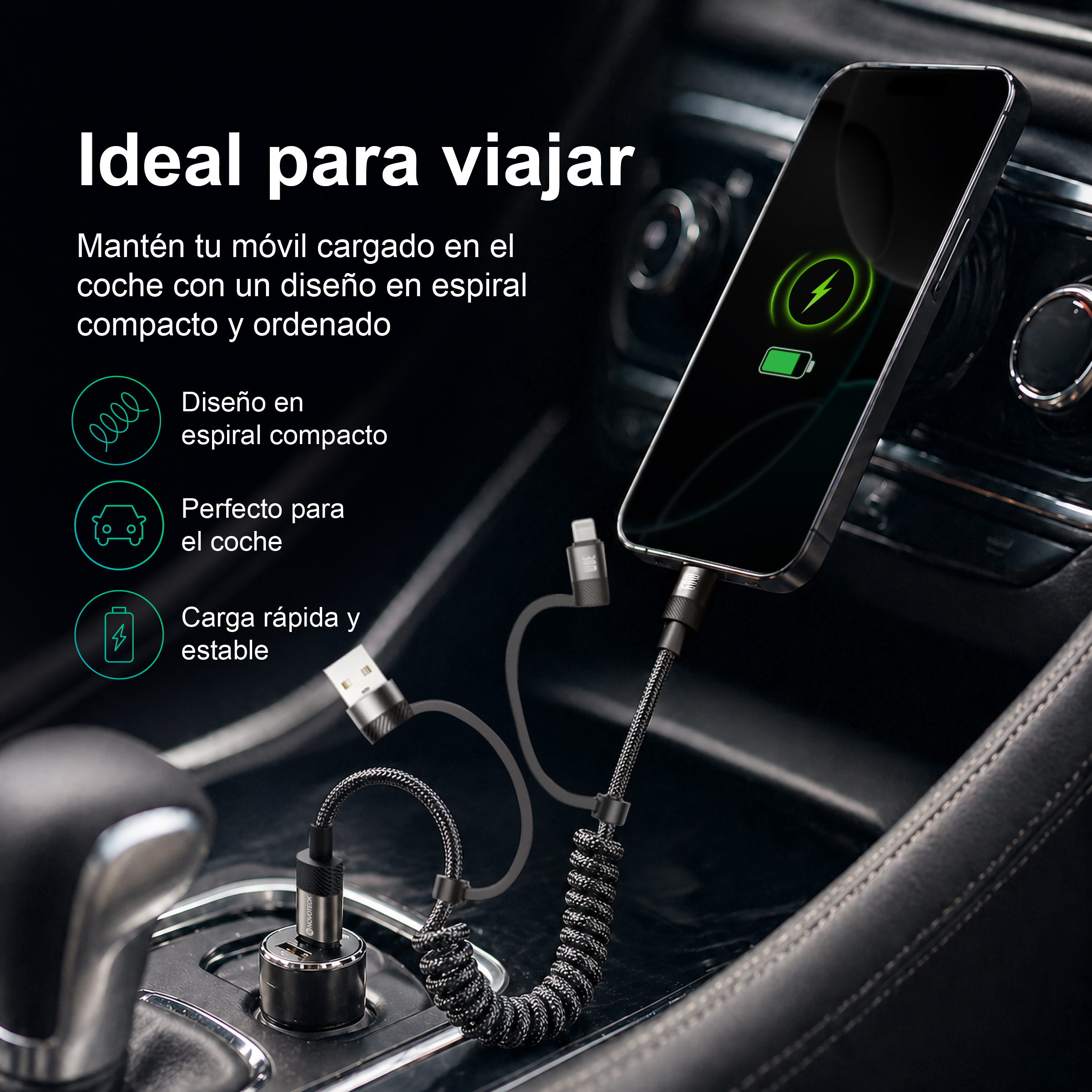 Un telefono si carica in auto tramite cavo a spirale.
