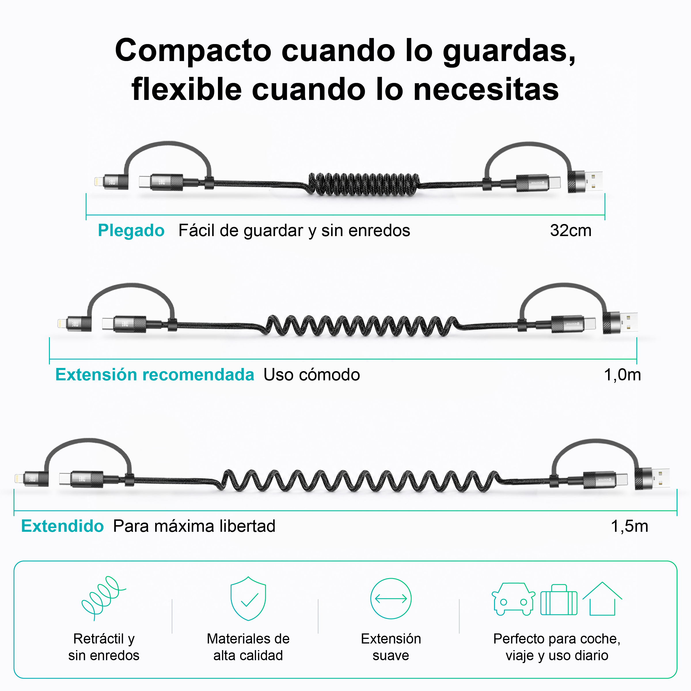 Un cavo di ricarica nero con connettori USB-A, USB-C e Lightning di varie lunghezze.