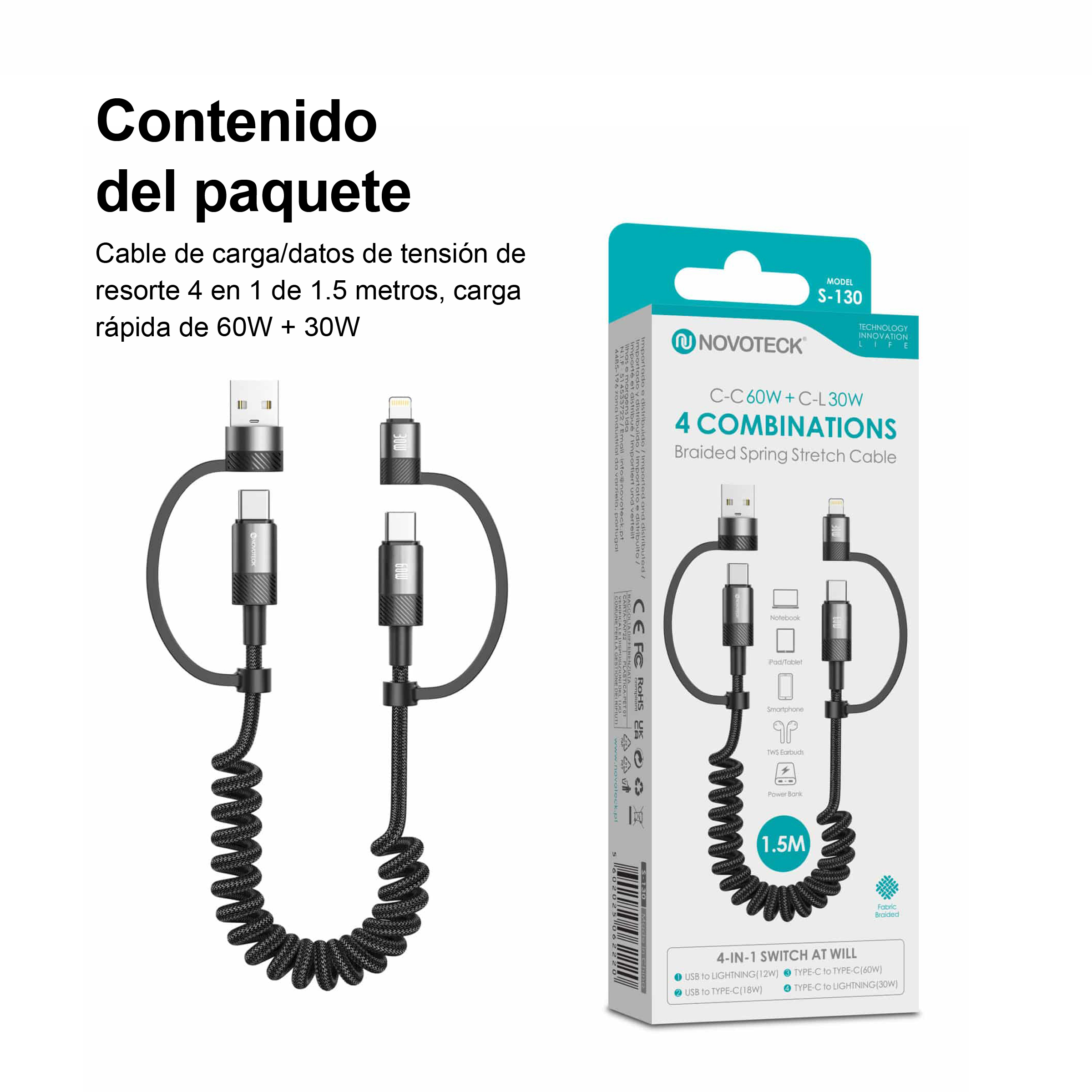 Un cavo nero a spirale 4 in 1 USB-C/Lightning sulla sua confezione, 1.5m.
