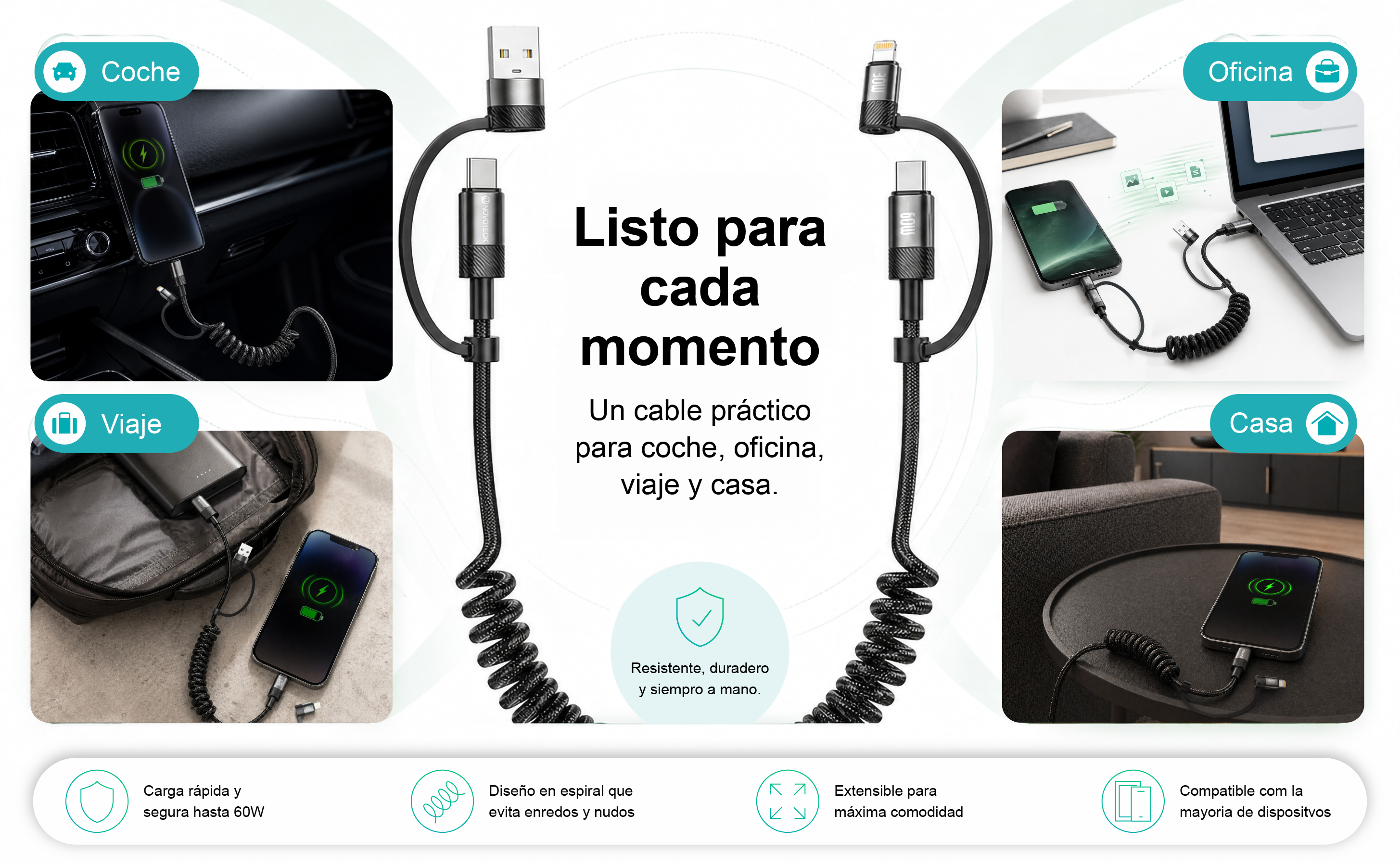 Un cavo nero a spirale con connettori USB-C e Lightning carica dispositivi in auto, ufficio, viaggio e casa.