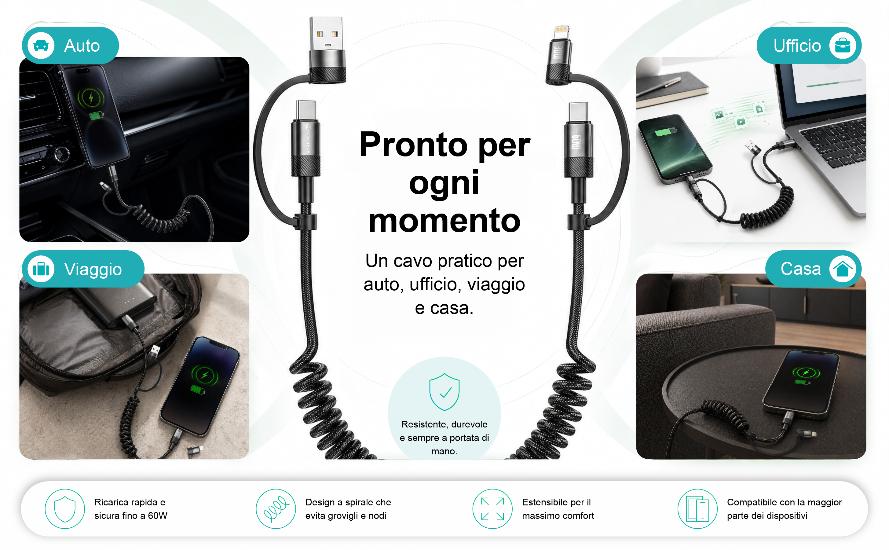 Un versatile cavo a spirale per caricare telefoni in auto, uffici, viaggi e casa.
