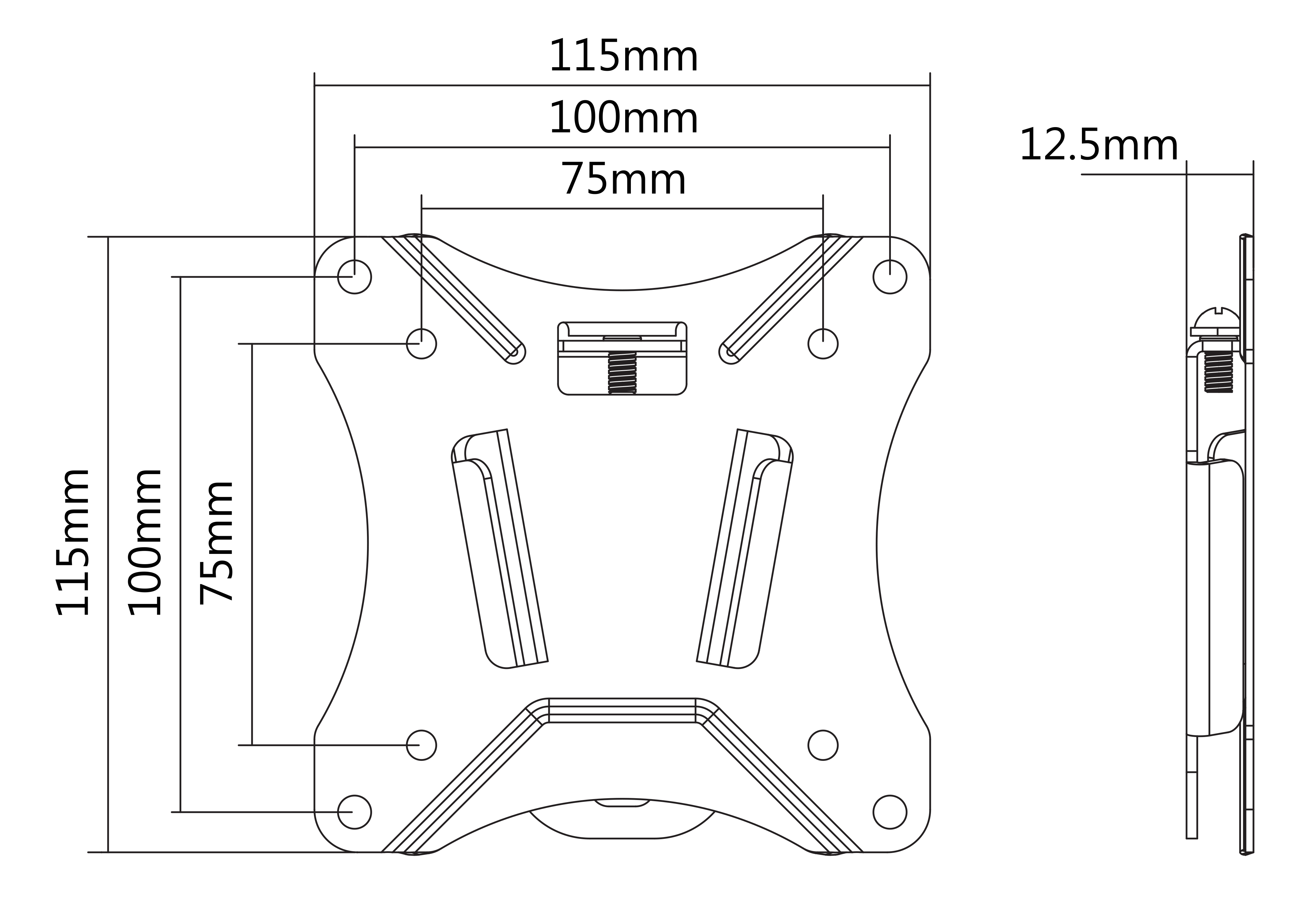 Technical drawing of a bracket with dimensions 115mm, 100mm, 75mm, and 12.5mm.