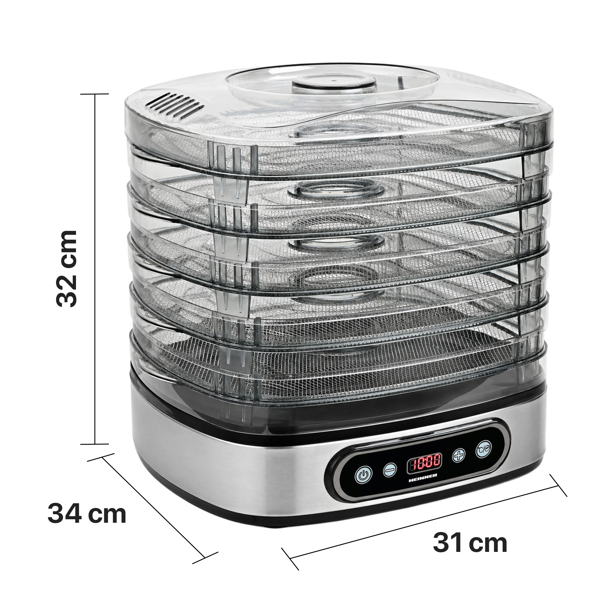 Un déshydrateur alimentaire électrique avec 5 plateaux transparents et commandes numériques.