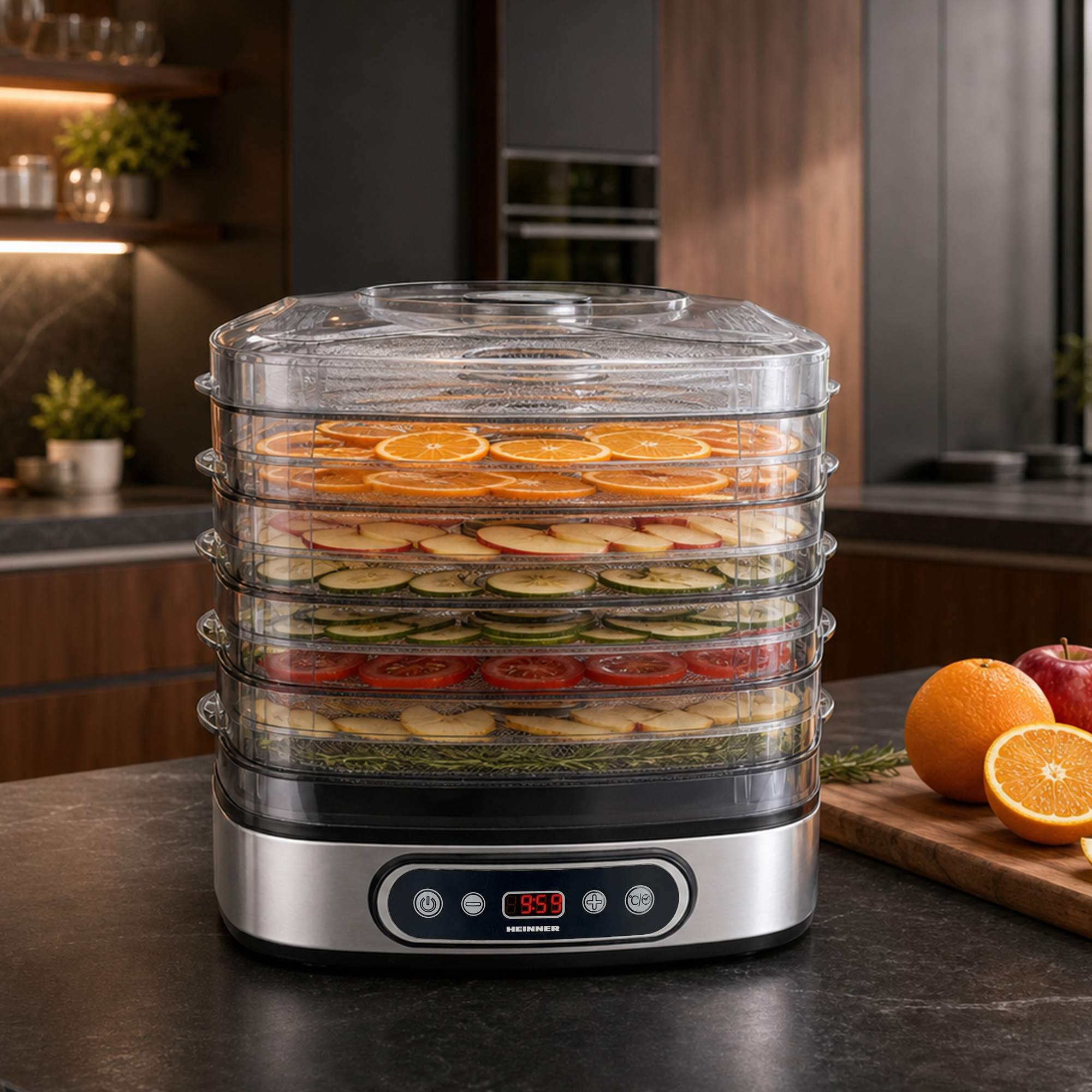 Un déshydrateur alimentaire argenté à cinq niveaux, garni de tranches d'orange, de pomme, de concombre et de tomate.