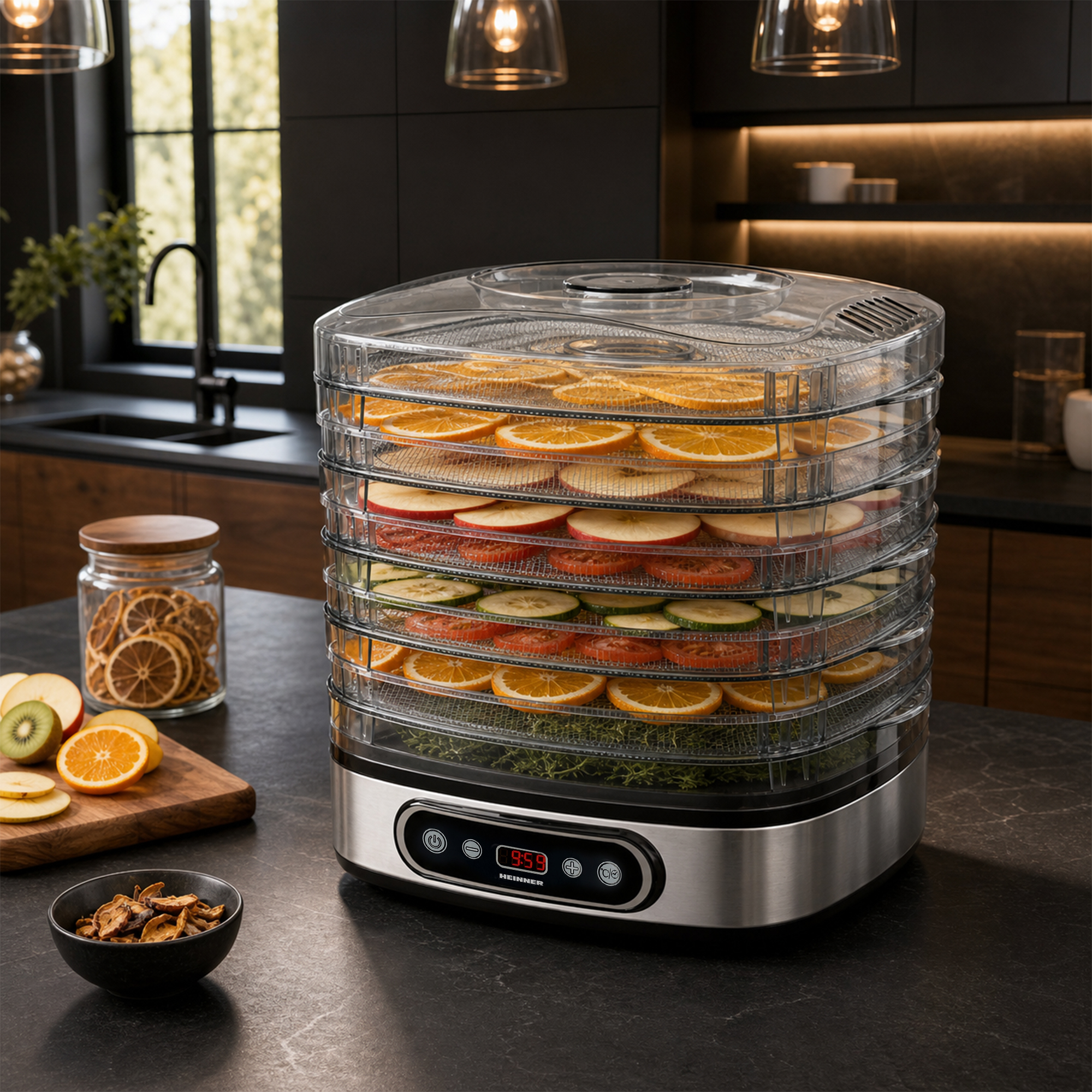 Un déshydrateur alimentaire avec des plateaux empilés remplis d'oranges, de pommes et de tomates.