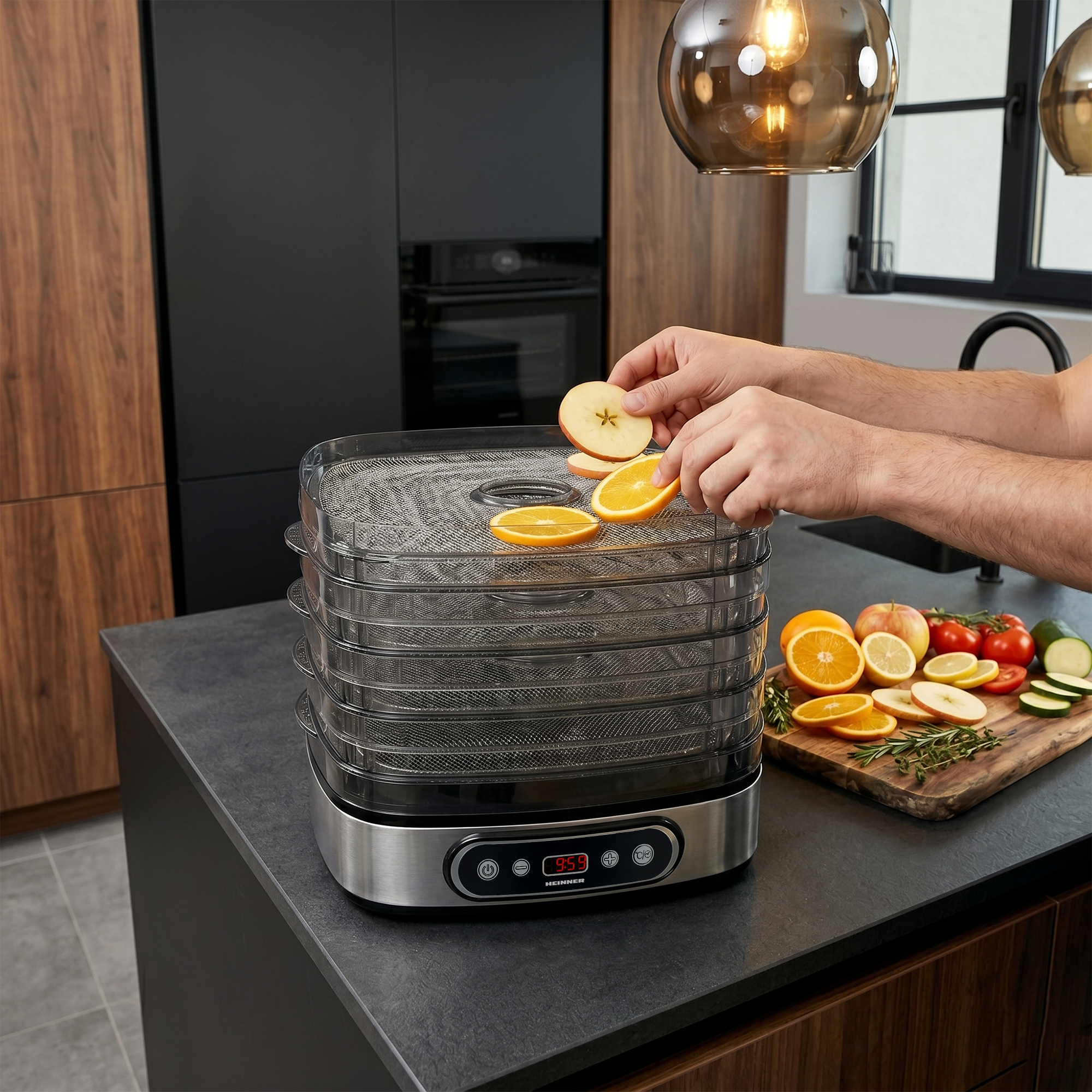 Des mains placent des tranches de fruits sur un déshydrateur alimentaire.