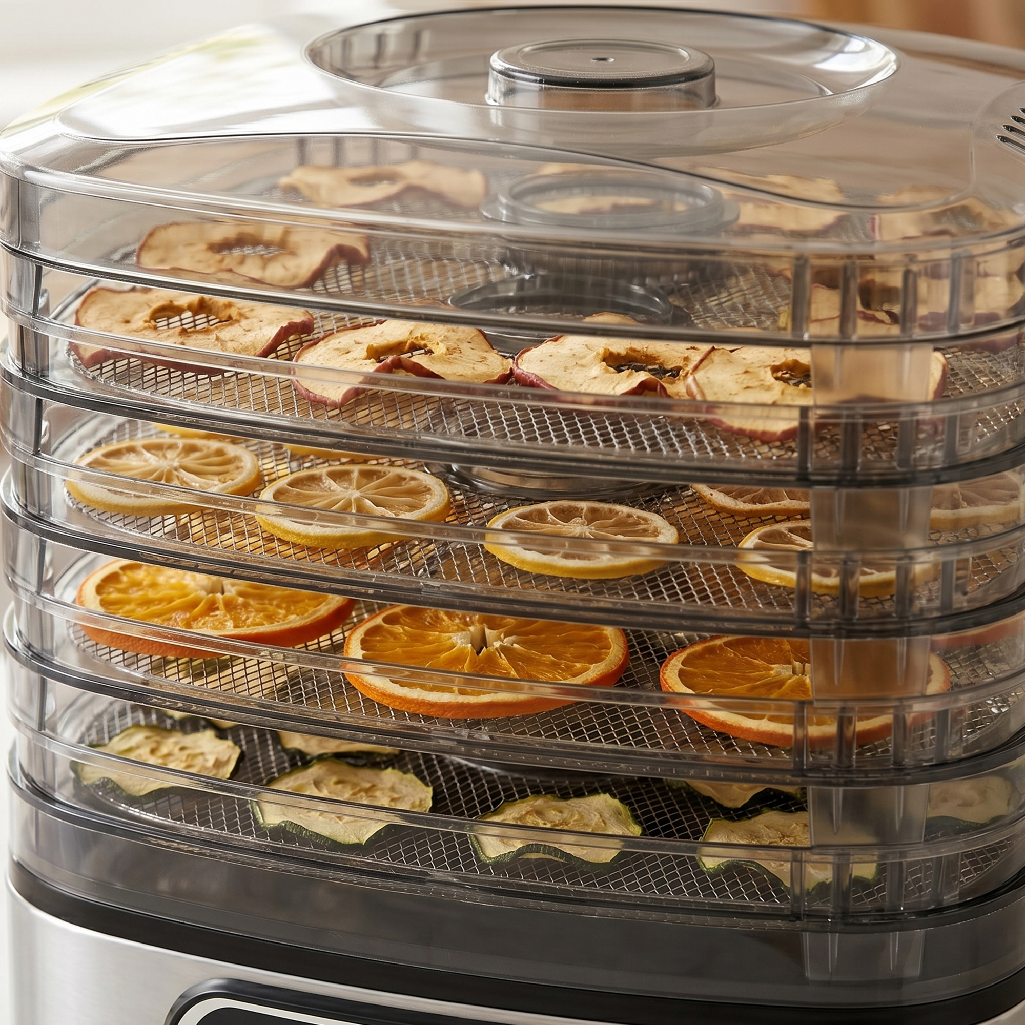 Un déshydrateur alimentaire à plusieurs niveaux chargé de tranches de pommes, citrons, oranges et courgettes.