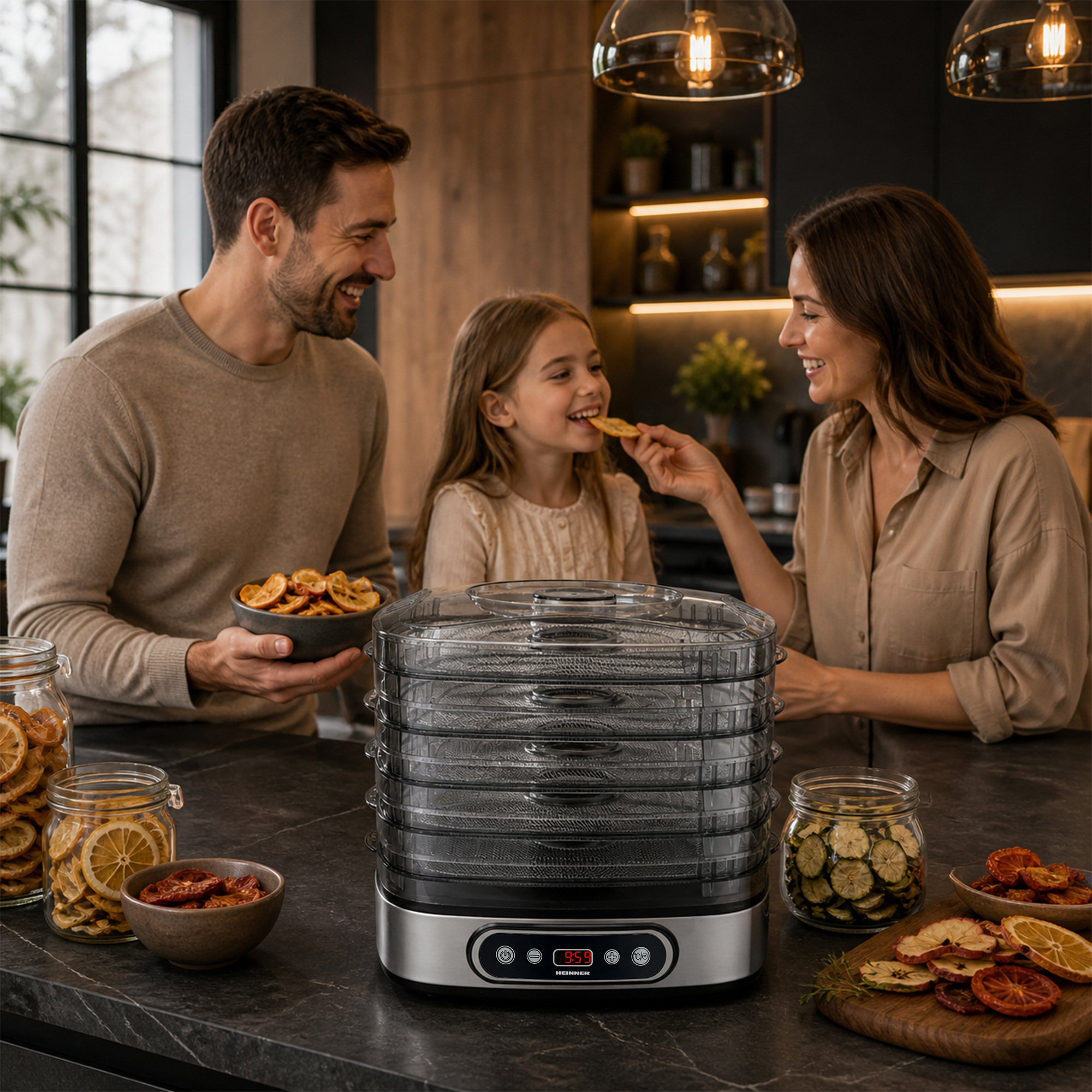 Famille avec déshydrateur et fruits secs dans la cuisine.