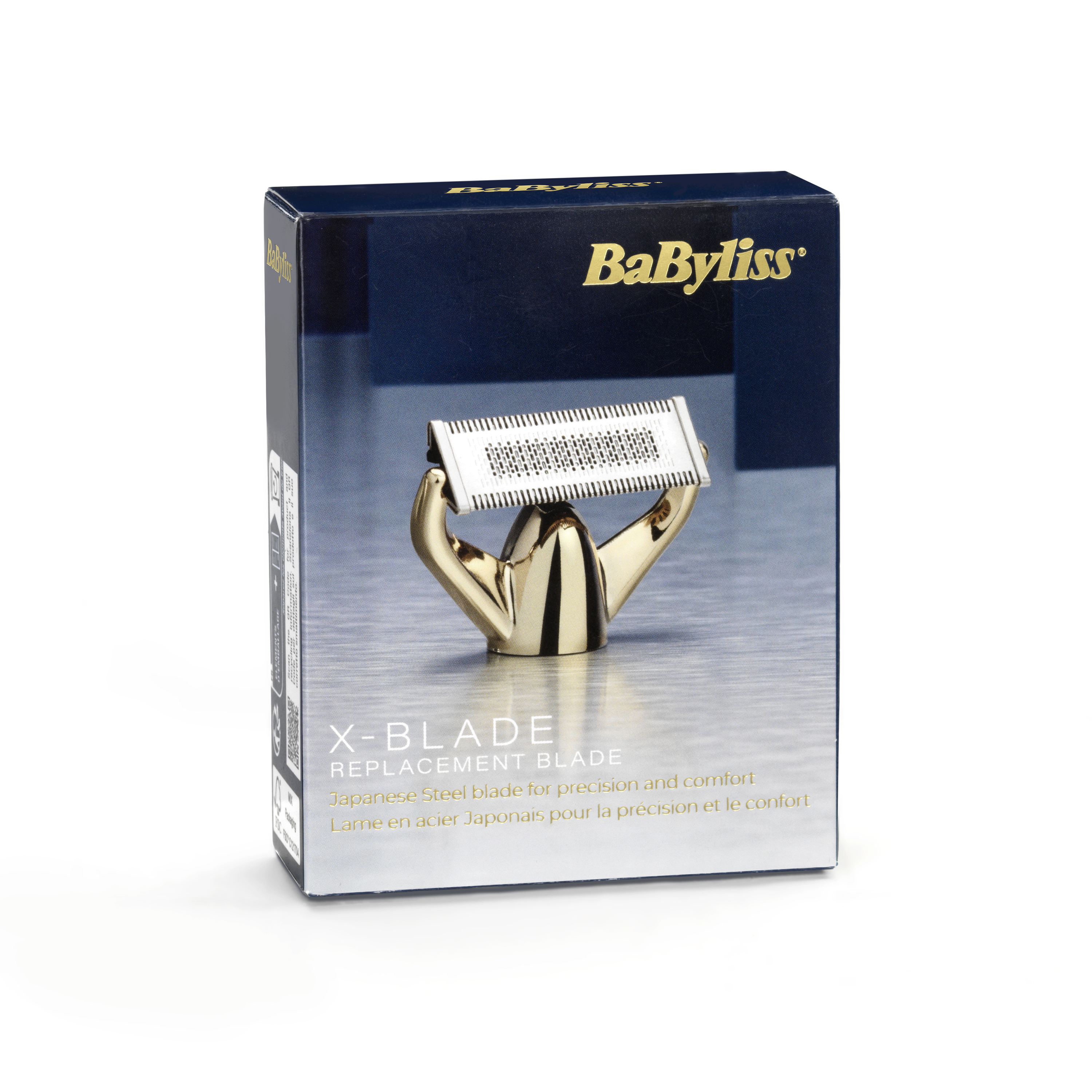 BaByliss X-Blade vervangend mesje van Japans staal op donkere verpakking.