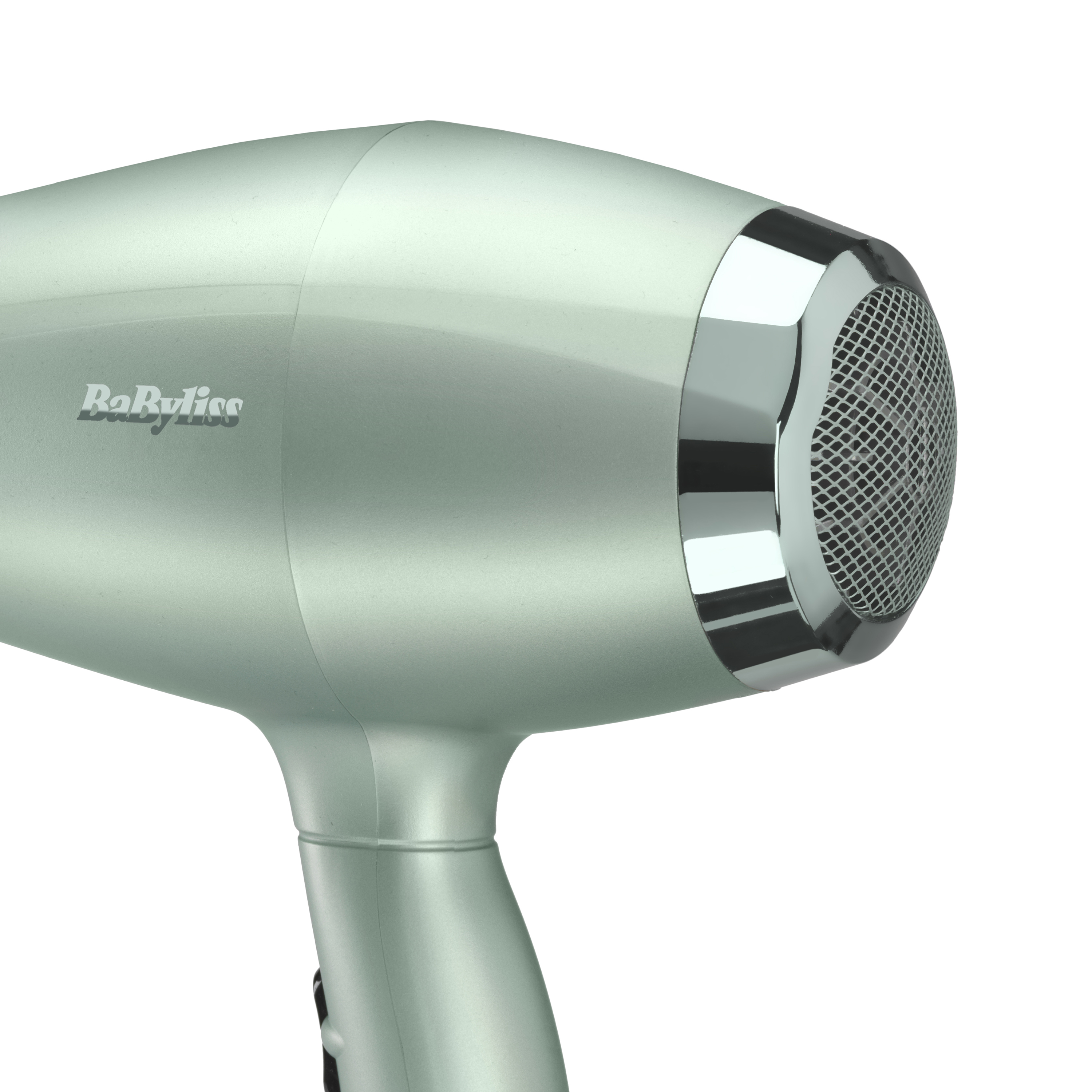 Een lichtgroene föhn met zilveren accenten en het Babyliss logo.