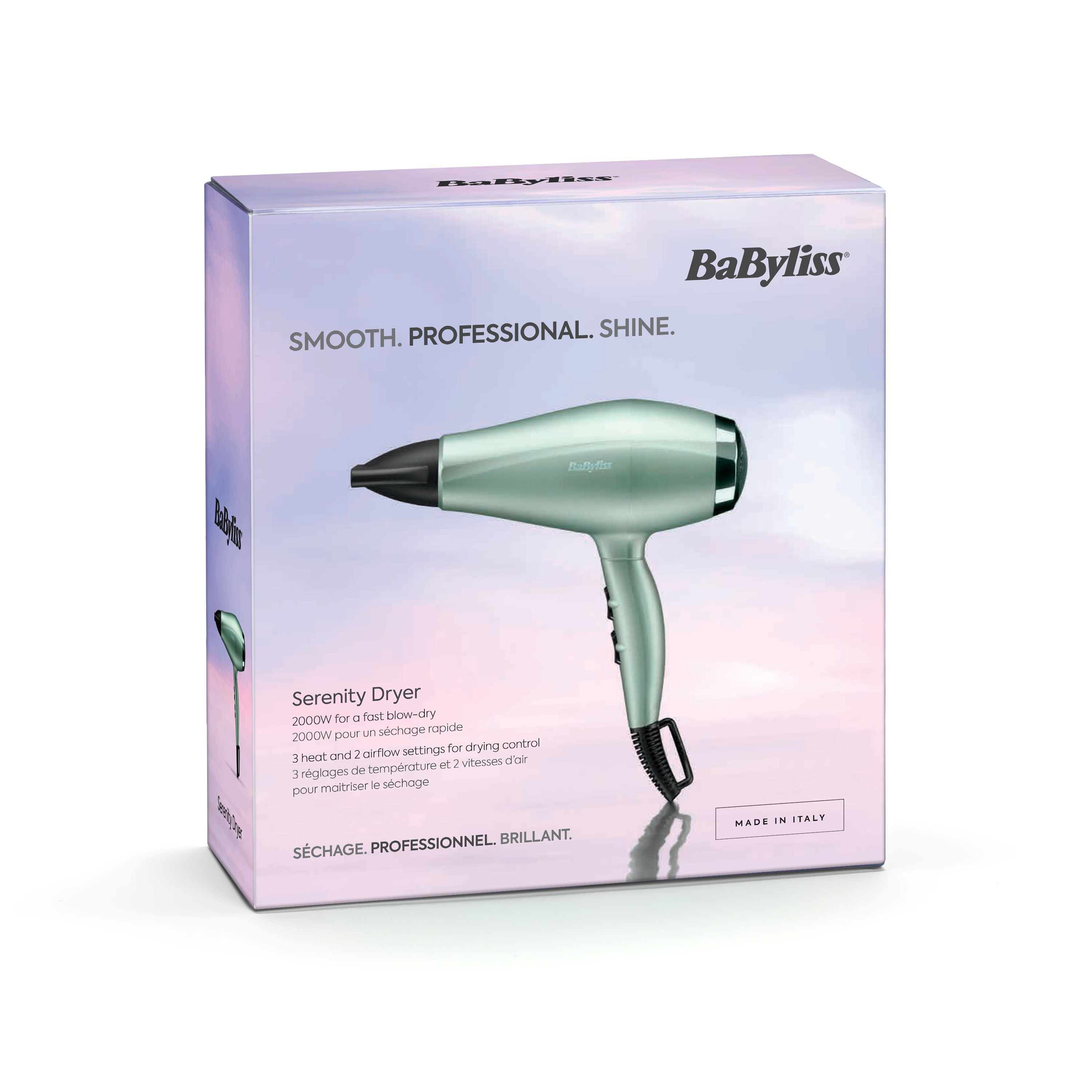Verpakking van een turquoise BaByliss haardroger met tekst en afbeeldingen.