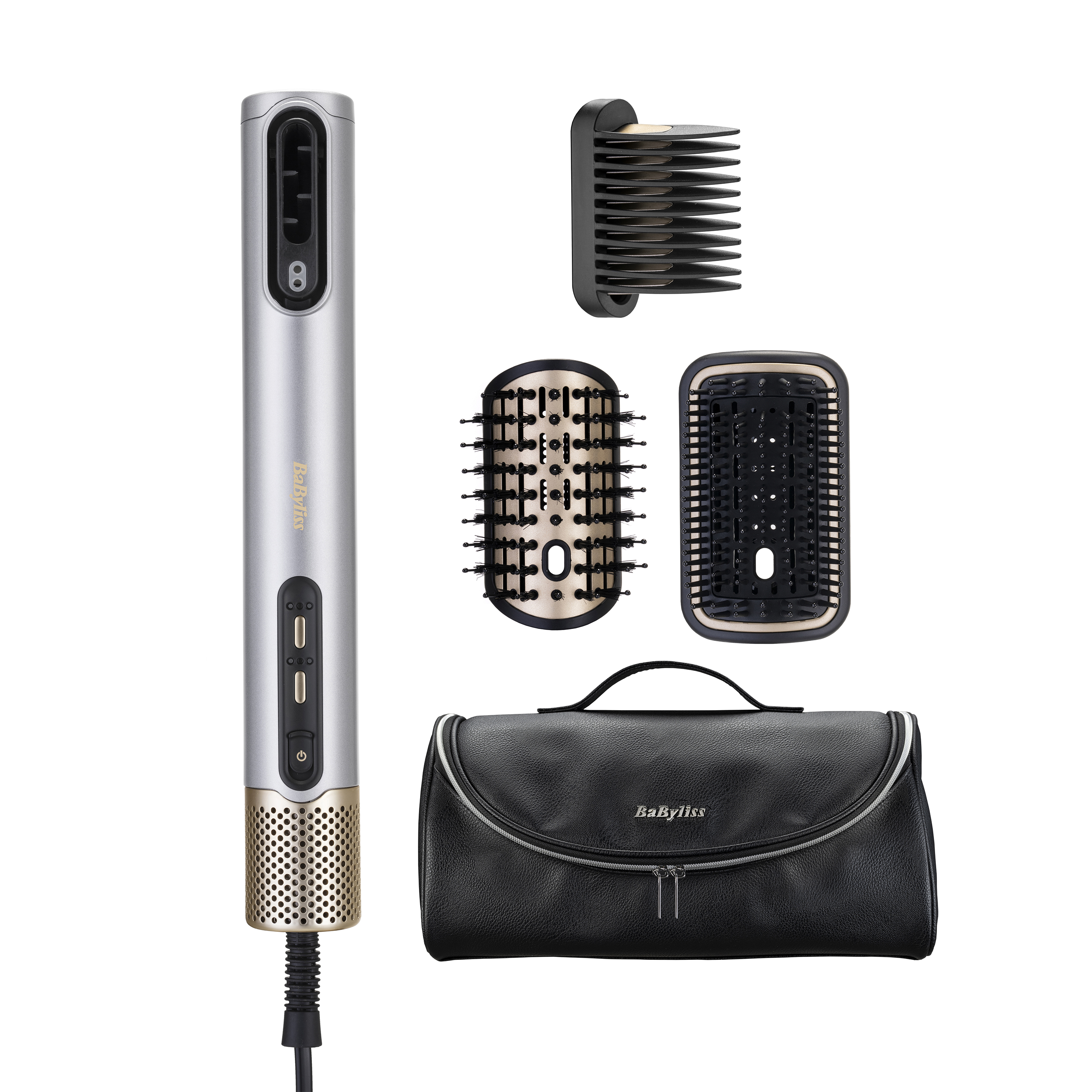 Asciugacapelli argento con accento dorato, tre accessori e una borsa nera.