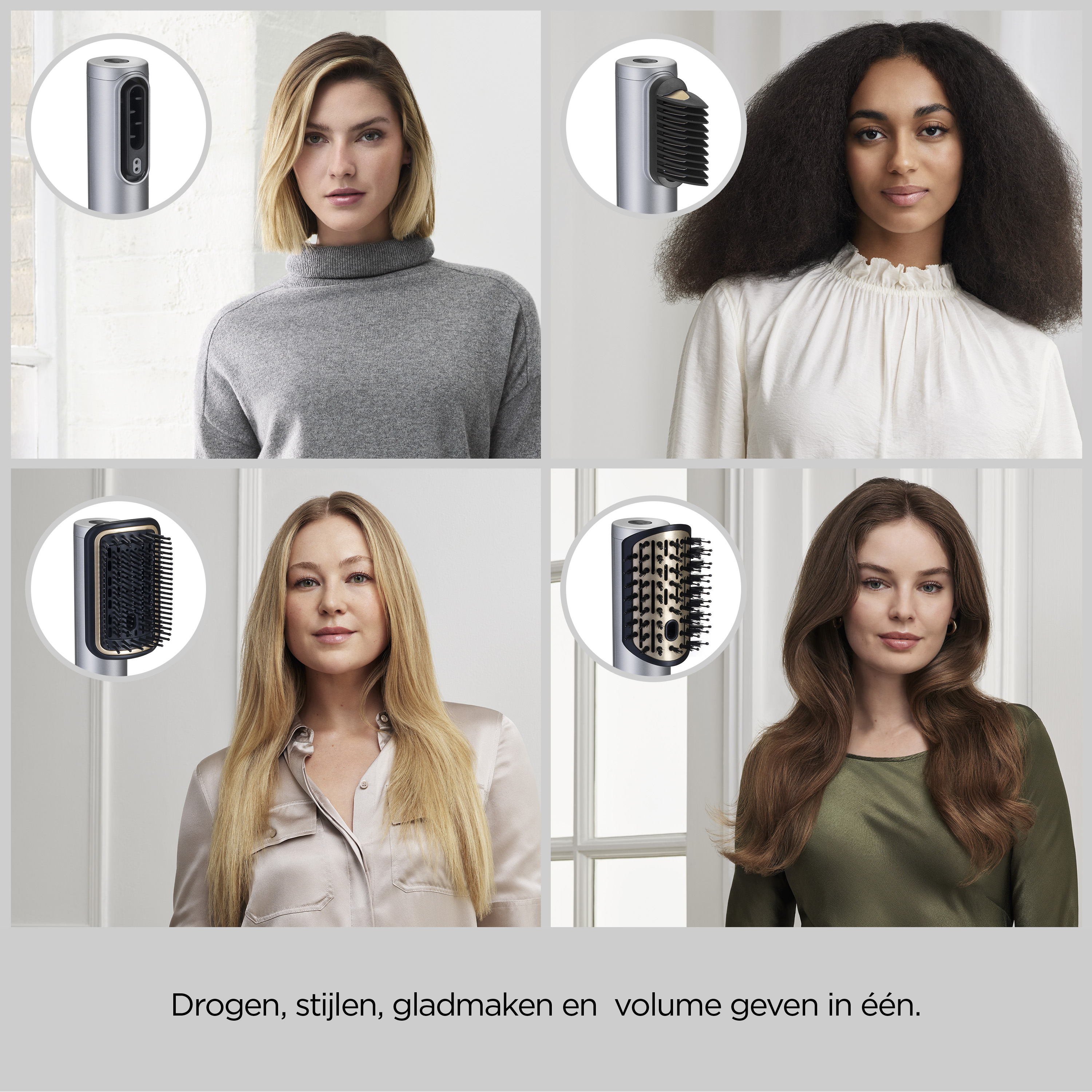 Quattro donne con diverse acconciature e un dispositivo per lo styling.