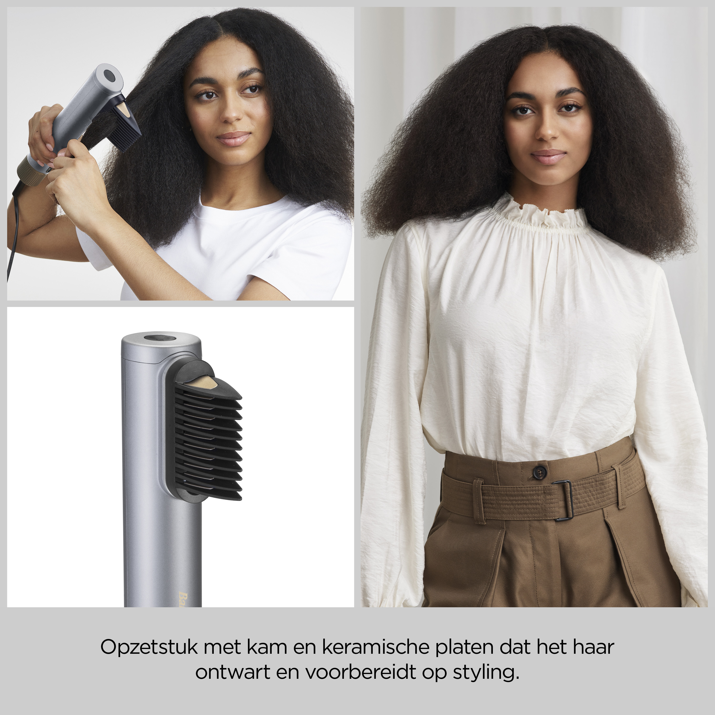 Accessorio con pettine e piastre in ceramica che districa e prepara i capelli allo styling.