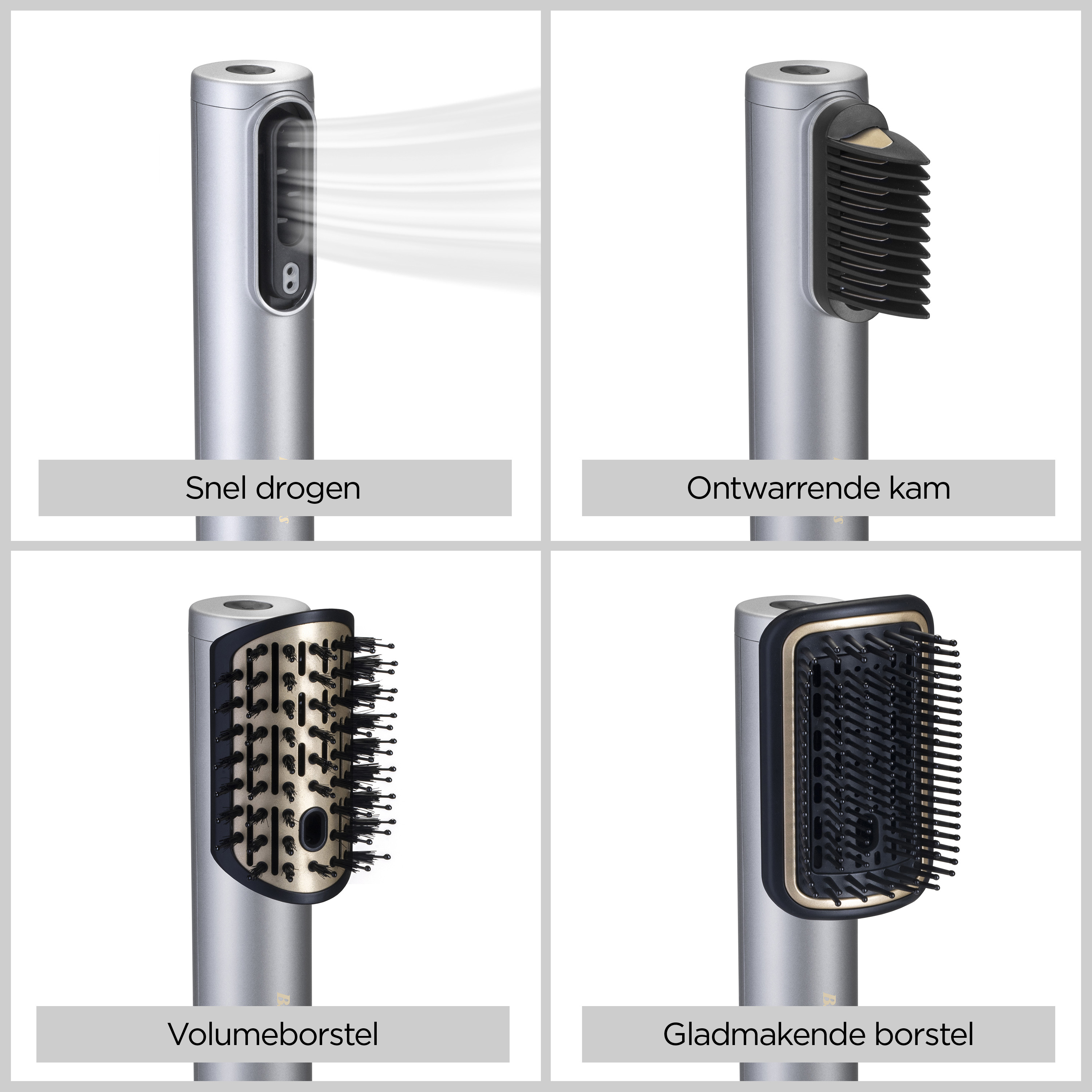Quattro accessori per un dispositivo per lo styling dei capelli: asciugatura, districante, volumizzante e lisciante.