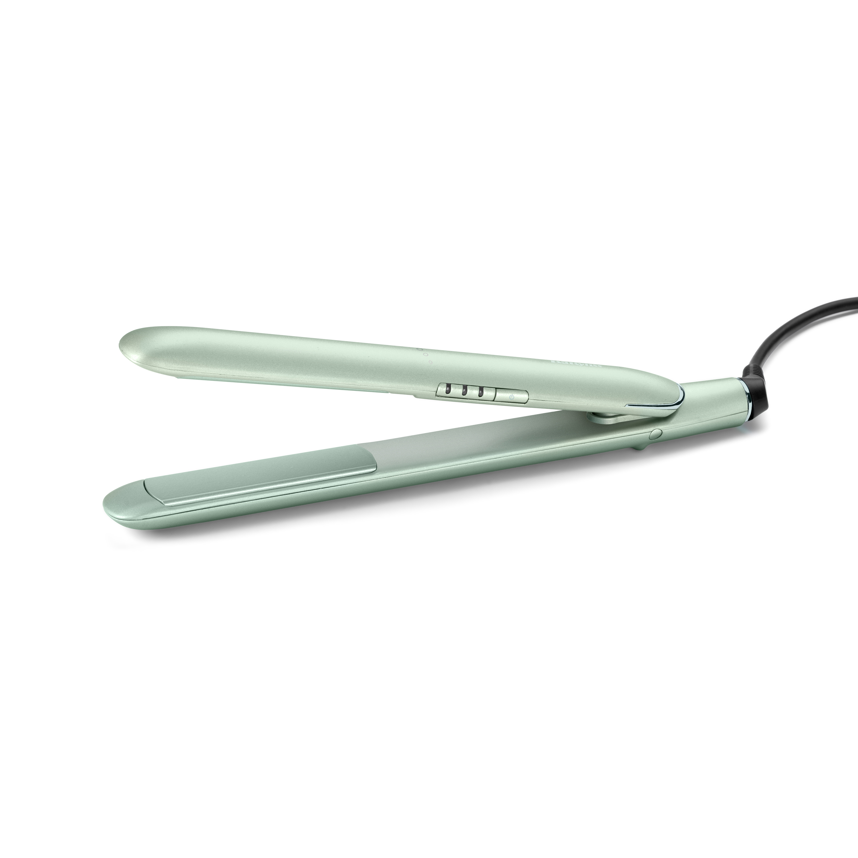An open, teal-colored hair straightener on a white background.
