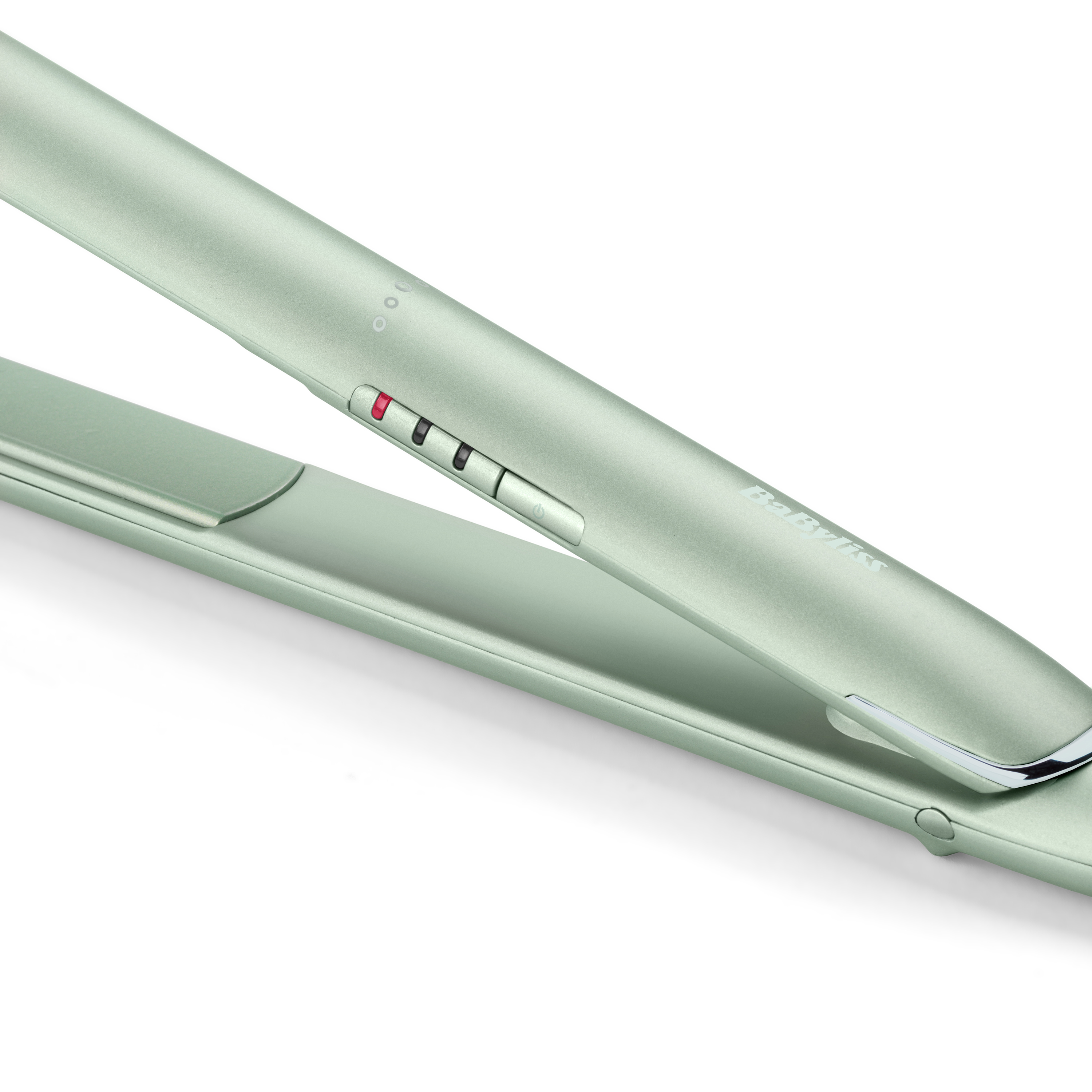 A green hair straightener with controls and indicator lights on a white background.