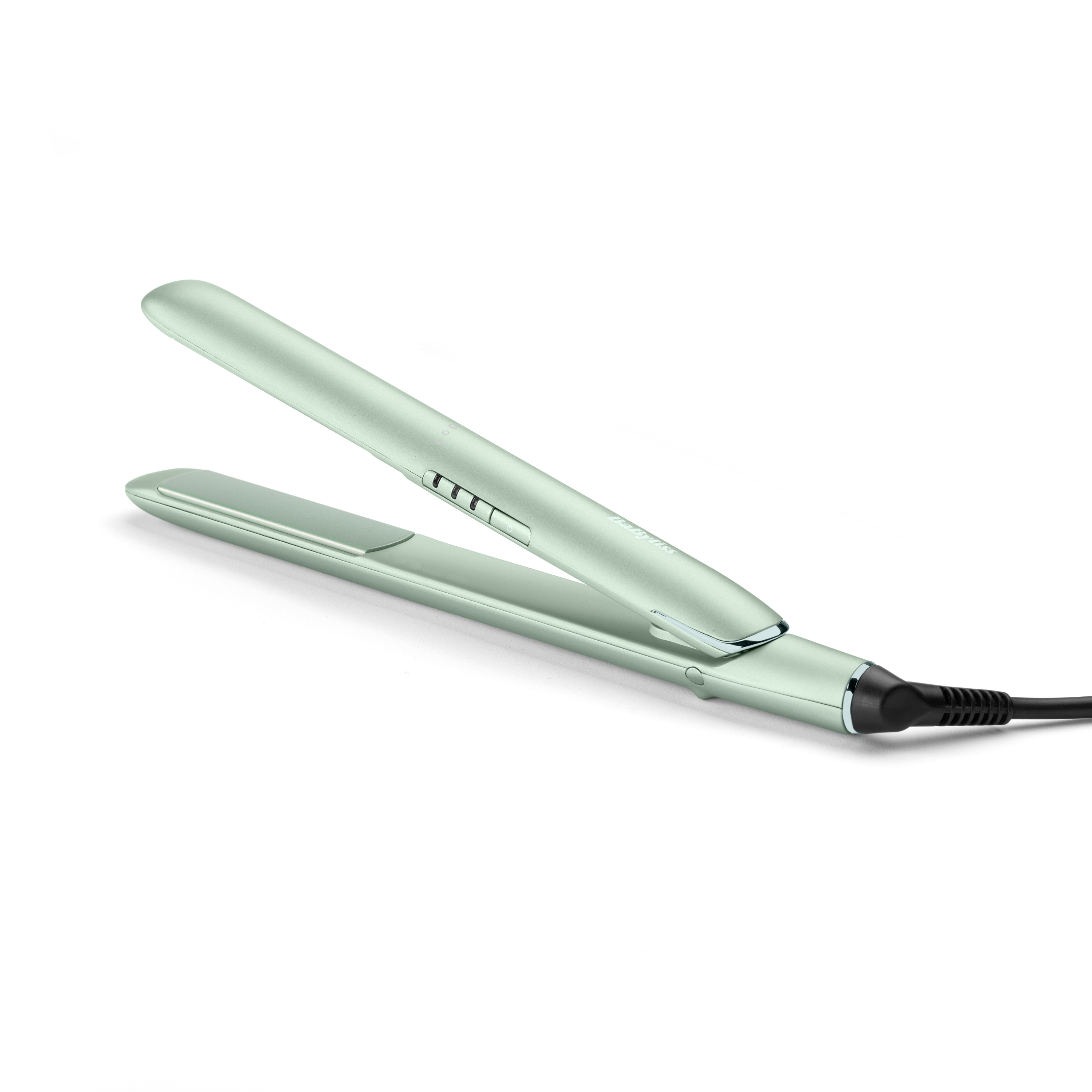 A light green hair straightener with a black cord and control buttons.
