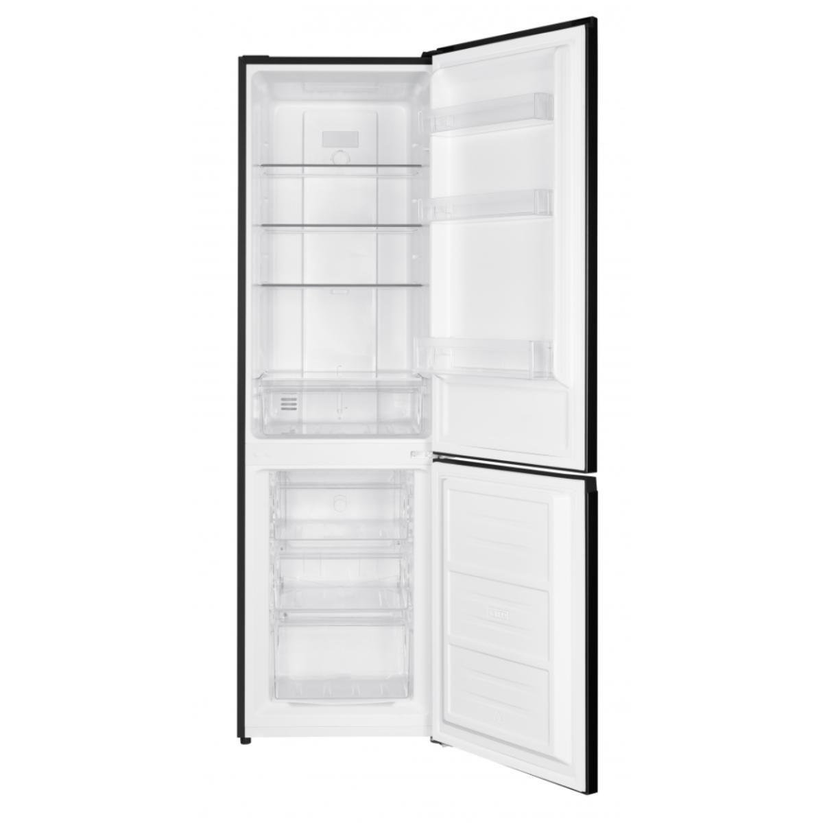 An open black refrigerator with freezer, empty shelves and drawers are visible.