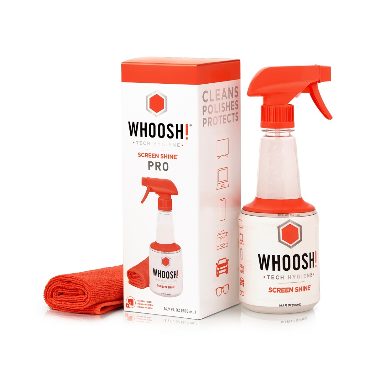 WHOOSH! Screen Shine Pro cleaner with a red microfiber cloth and spray bottle.