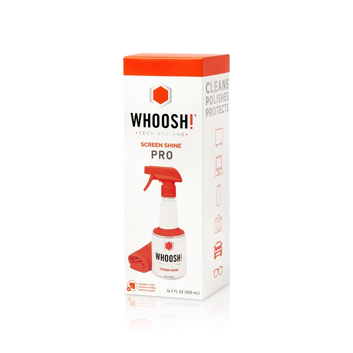 WHOOSH! Screen Shine Pro cleaner with red spray bottle and cloth.
