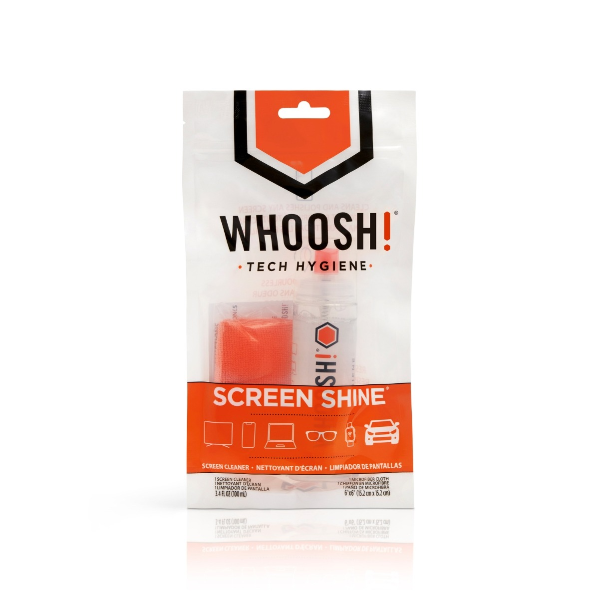 WHOOSH! Screen Shine set met microvezeldoek en reiniger in verpakking.