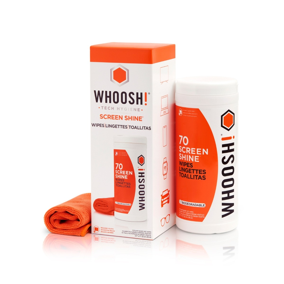 WHOOSH! Screen Shine wipes with an orange cloth