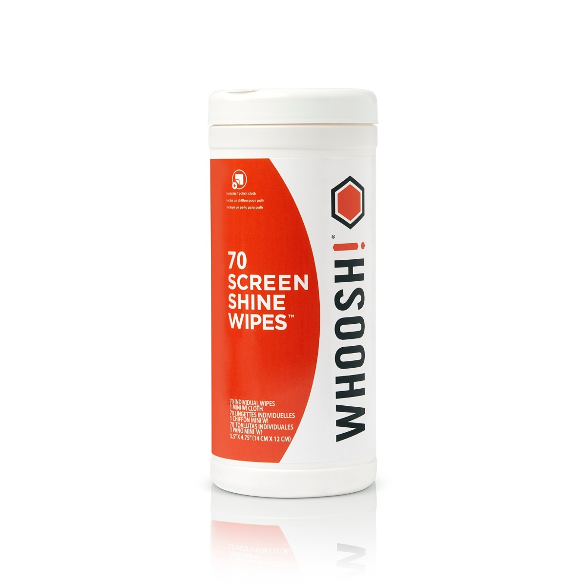 A white canister containing 70 WHOOSH! screen shine wipes and one polish cloth.