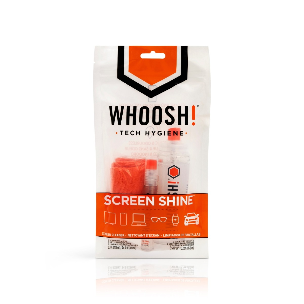 Verpackung für WHOOSH! Screen Shine mit Reinigungsmittel und Mikrofasertüchern.