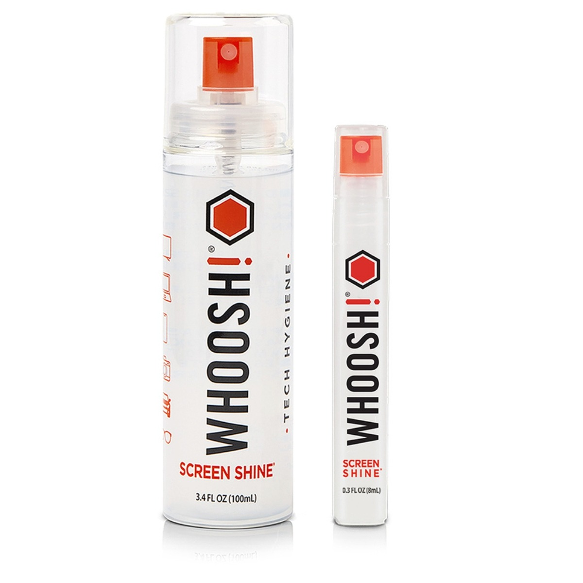 Zwei Flaschen Whoosh! Screen Shine Reiniger, eine große, eine kleine, mit orangefarbenen Sprühköpfen.