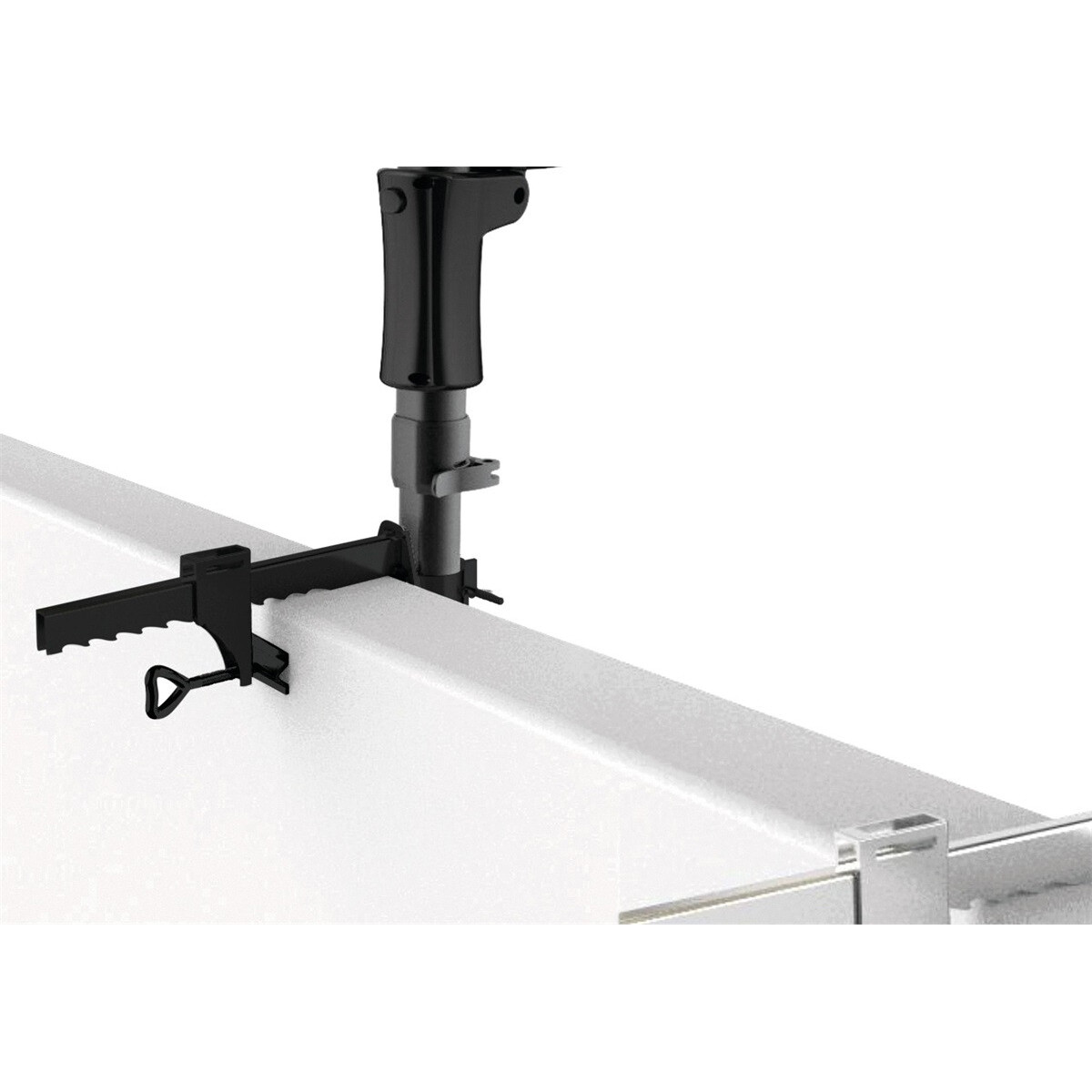Black clamp with adjustable arm on a white surface, white background.