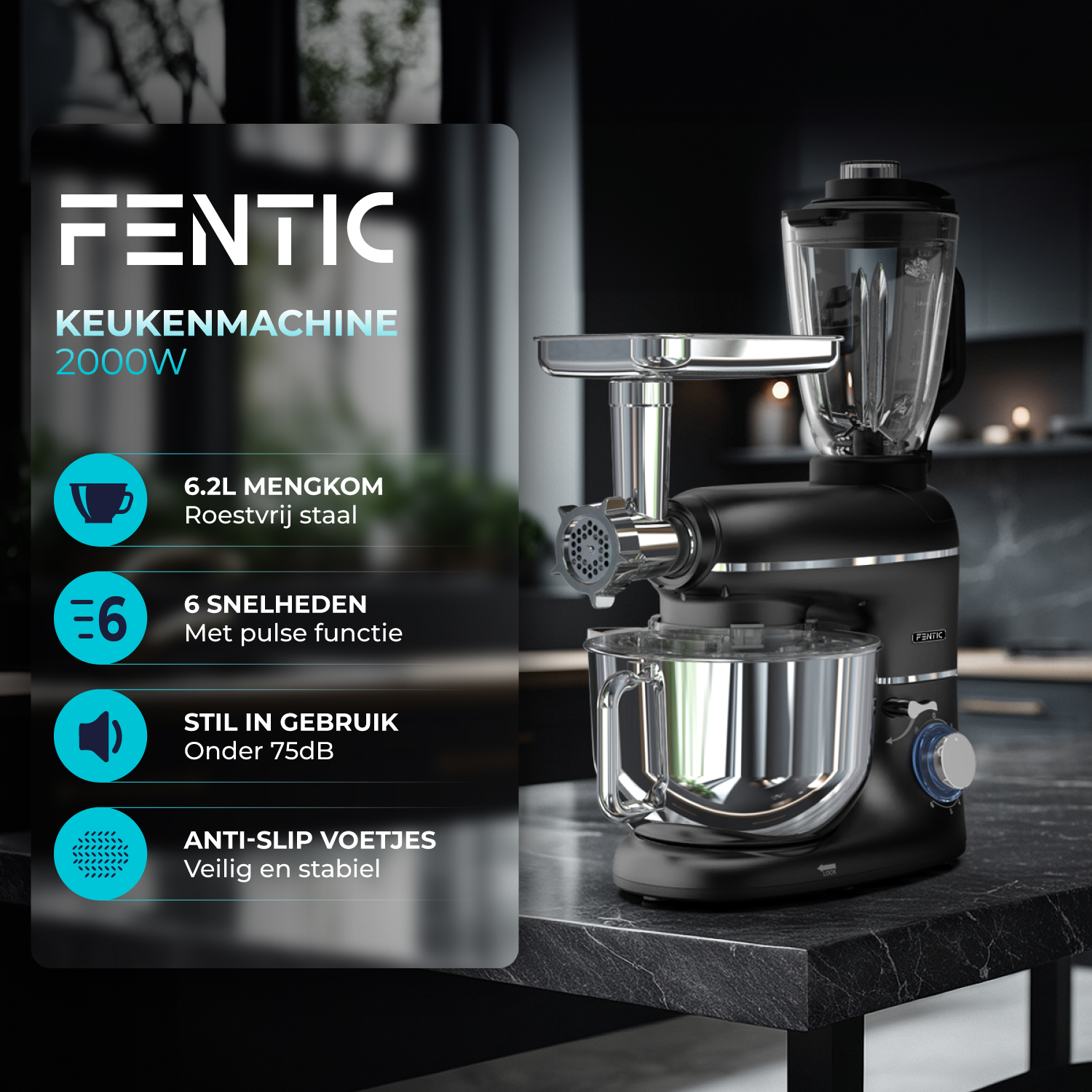 Black kitchen machine with meat grinder and blender attachments on marble table.