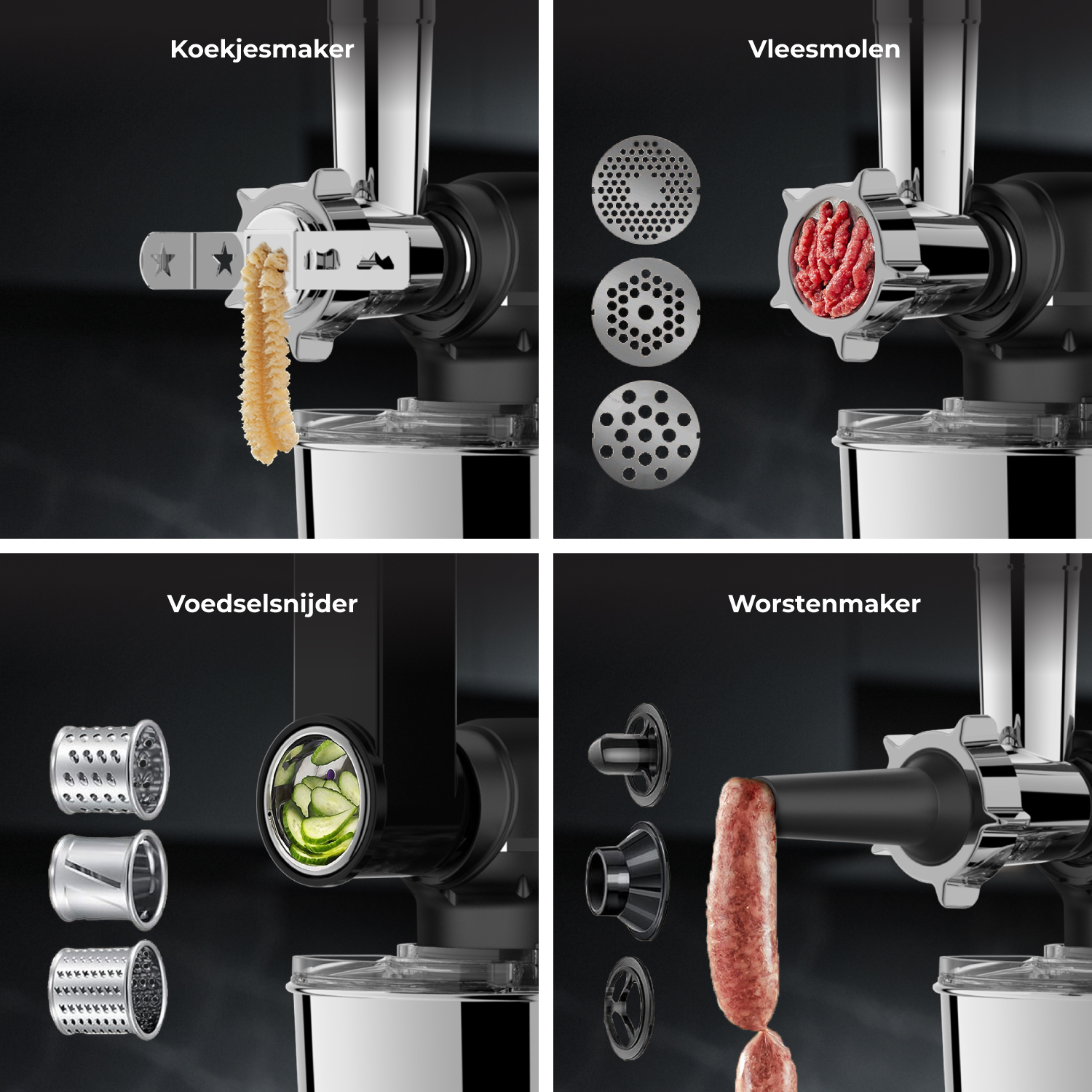 Four views of a meat grinder: cookie maker, meat grinder, vegetable slicer, sausage stuffer.