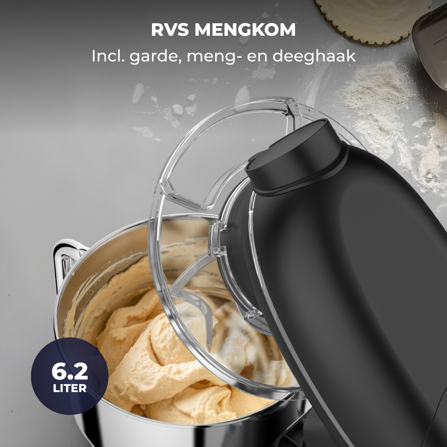 A black stand mixer with a bowl full of dough, capacity 6.2 liters.