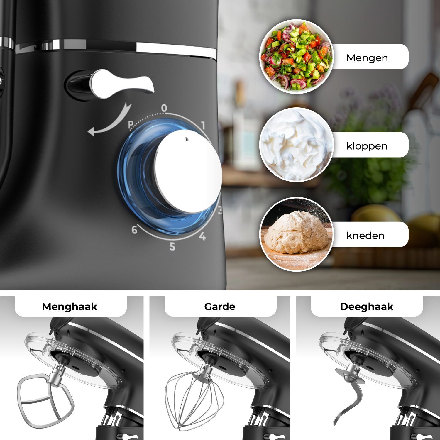 Kitchen mixer with attachments and food images: salad, cream, dough. Speed dial shown.