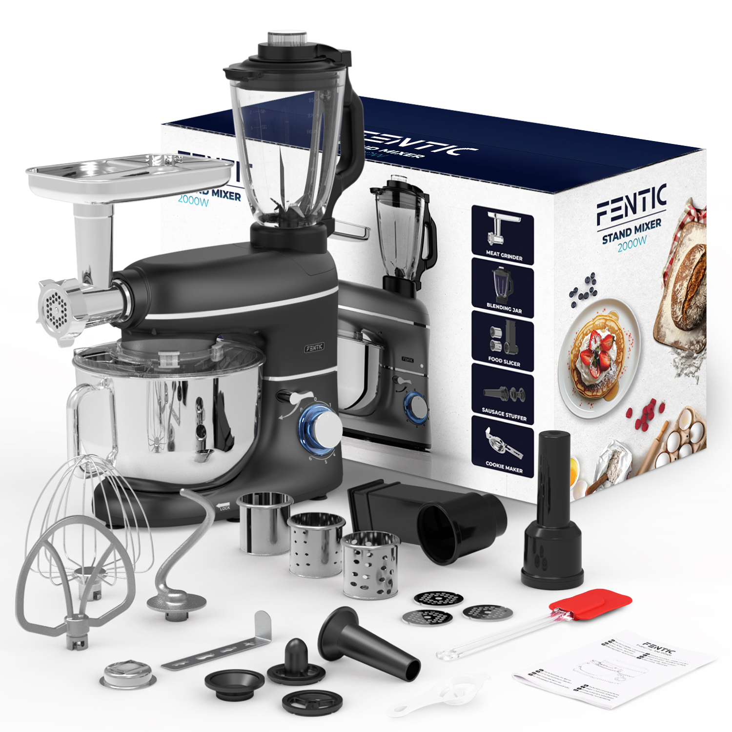 Black stand mixer with attachments and packaging.