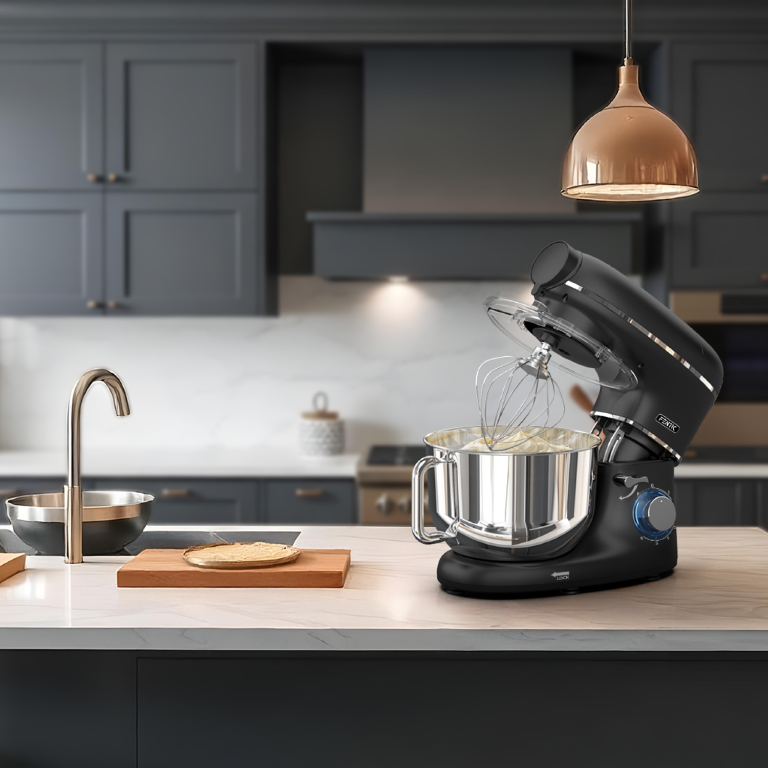 Black stand mixer with stainless steel bowl on a marble countertop.