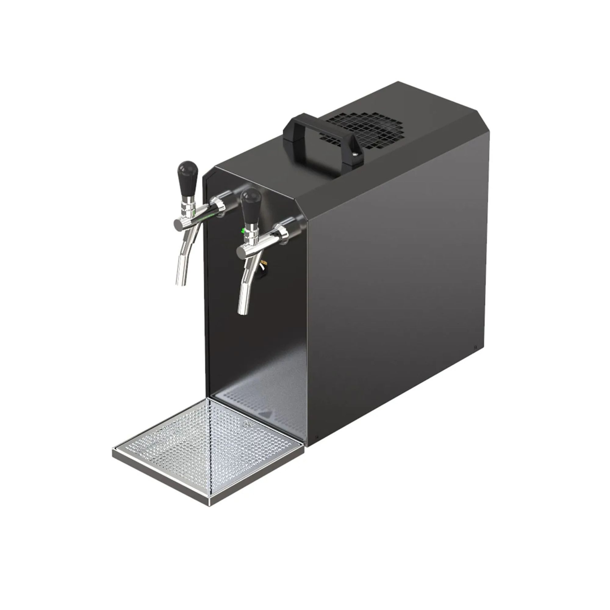Een zwarte biertap met twee kranen en een lekbak.