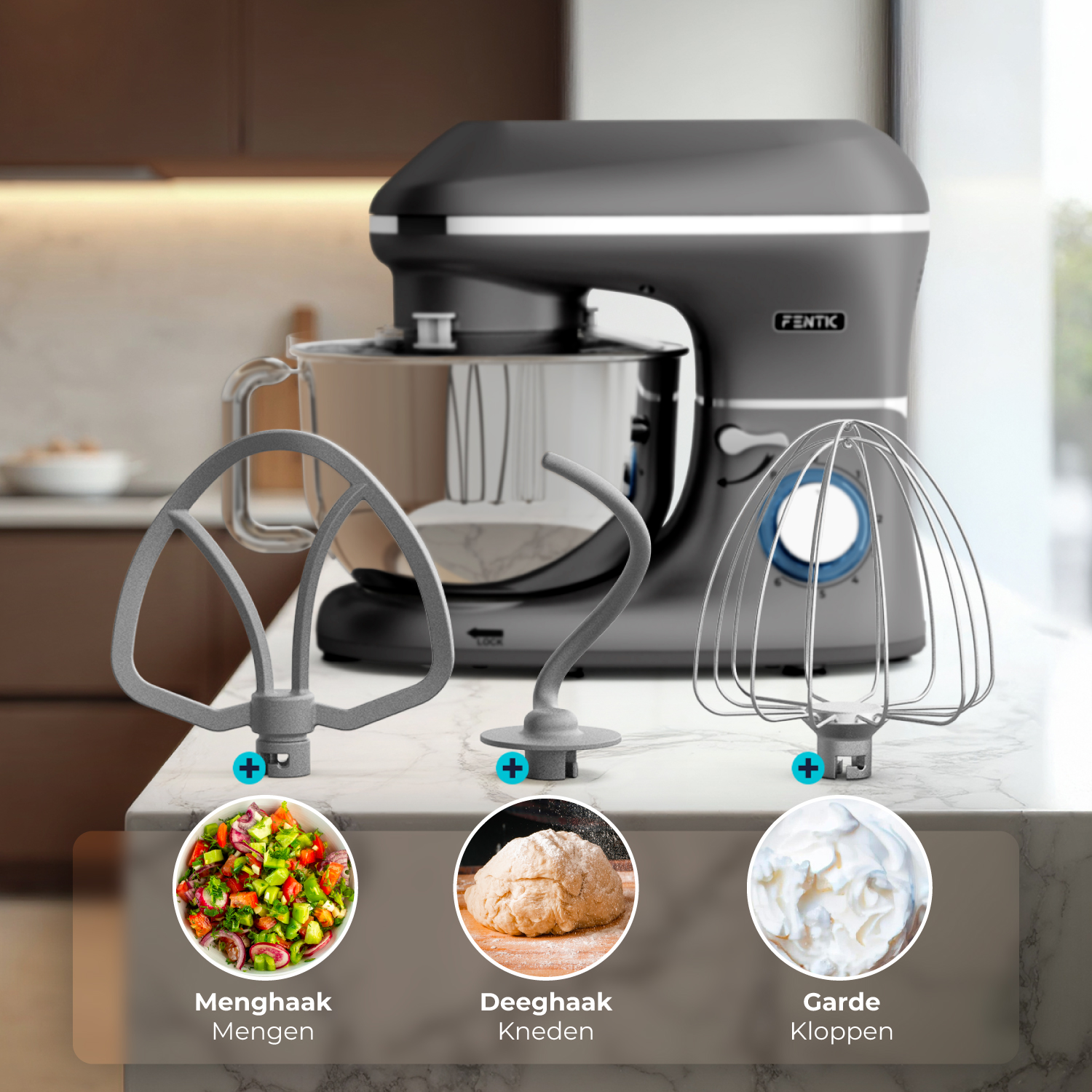 Grey stand mixer with bowl and three attachments: whisk, dough hook, flat beater.