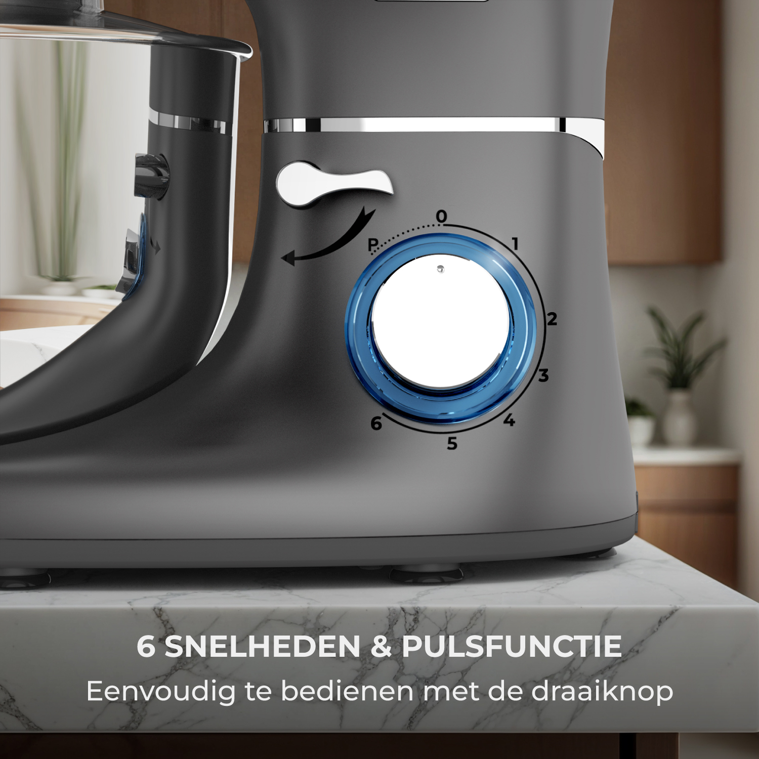 Gray kitchen mixer with a dial for 6 speeds and pulse function.