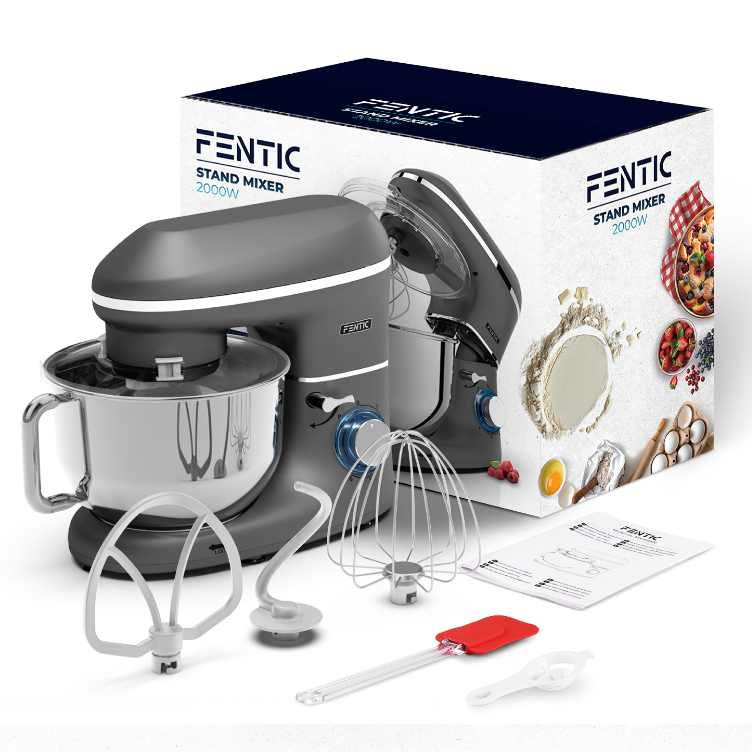 A dark gray FENTIC stand mixer with bowl and attachments, next to its box.