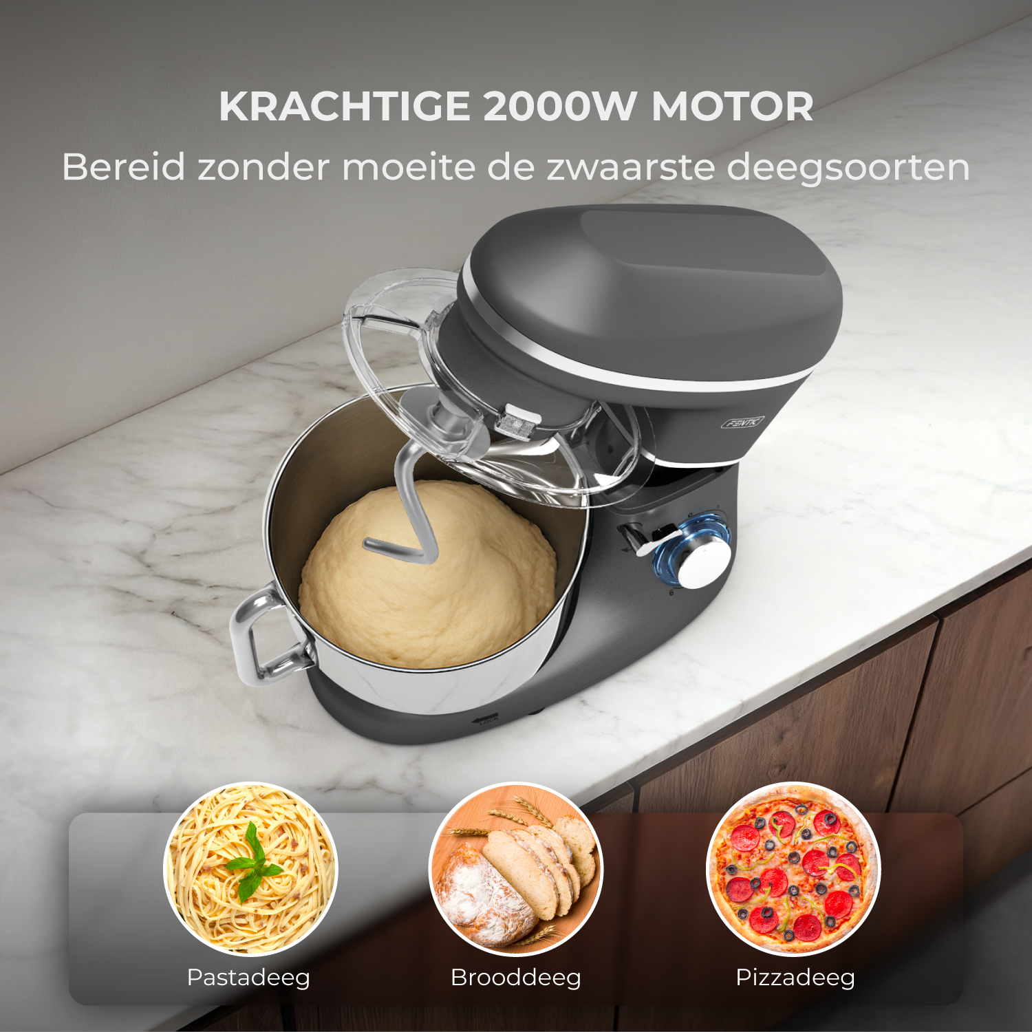 Dark gray stand mixer with dough bowl and hook. Three images show pasta, bread, and pizza.