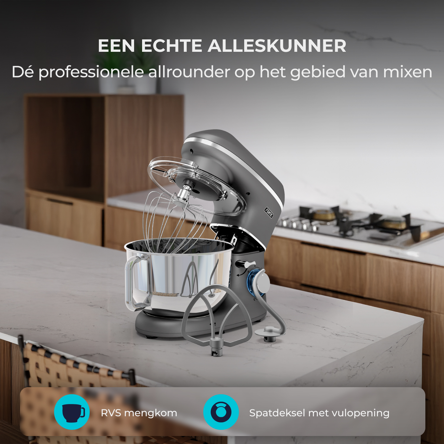 Gray stand mixer with stainless steel bowl and attachments on a marble kitchen counter.