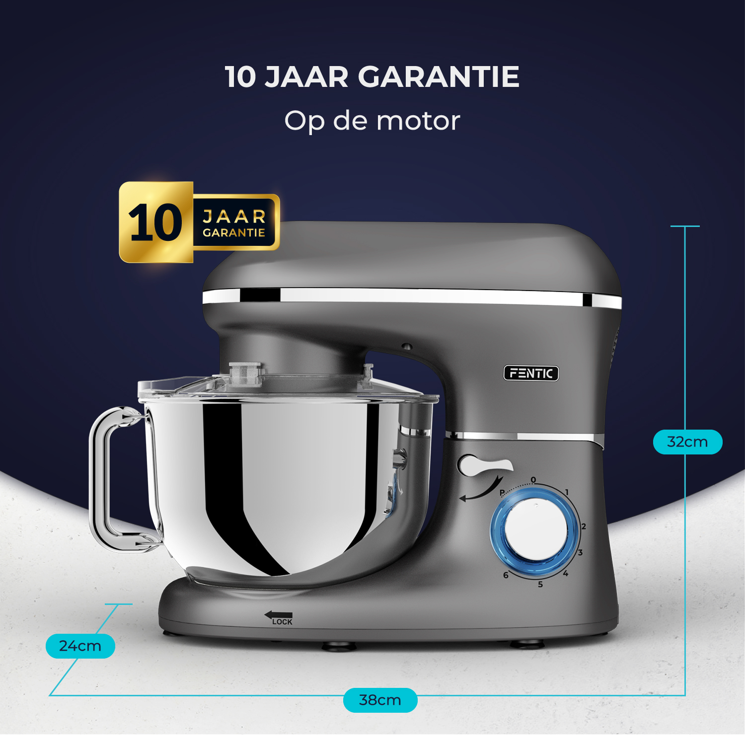 Gray stand mixer with 10-year warranty. Dimensions: 24x38x32cm.