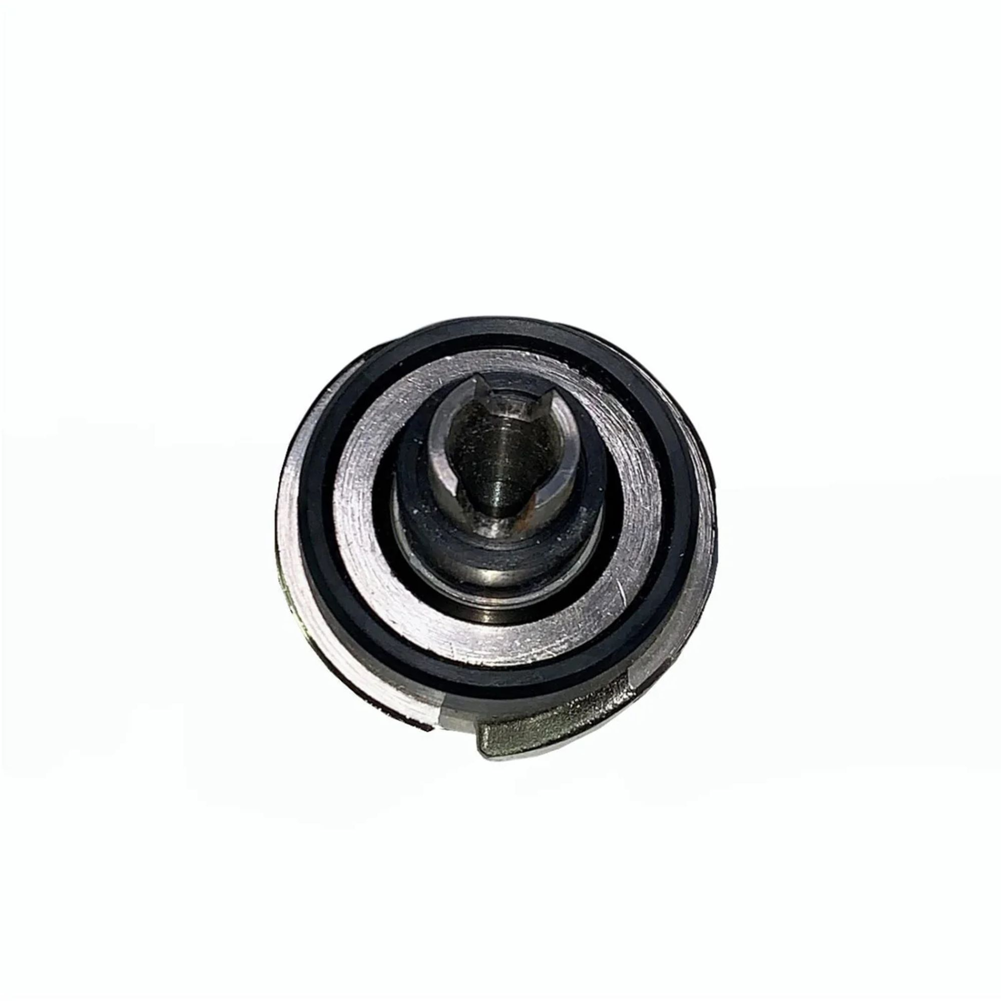 A silver, round component with black rings and a slot in the center.